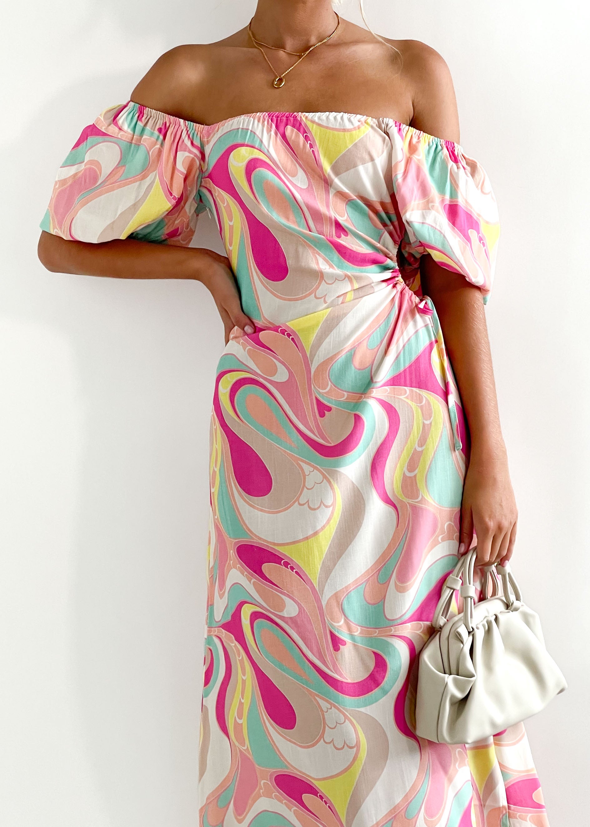 Dayia Off Shoulder Midi Dress - Pink Swirl