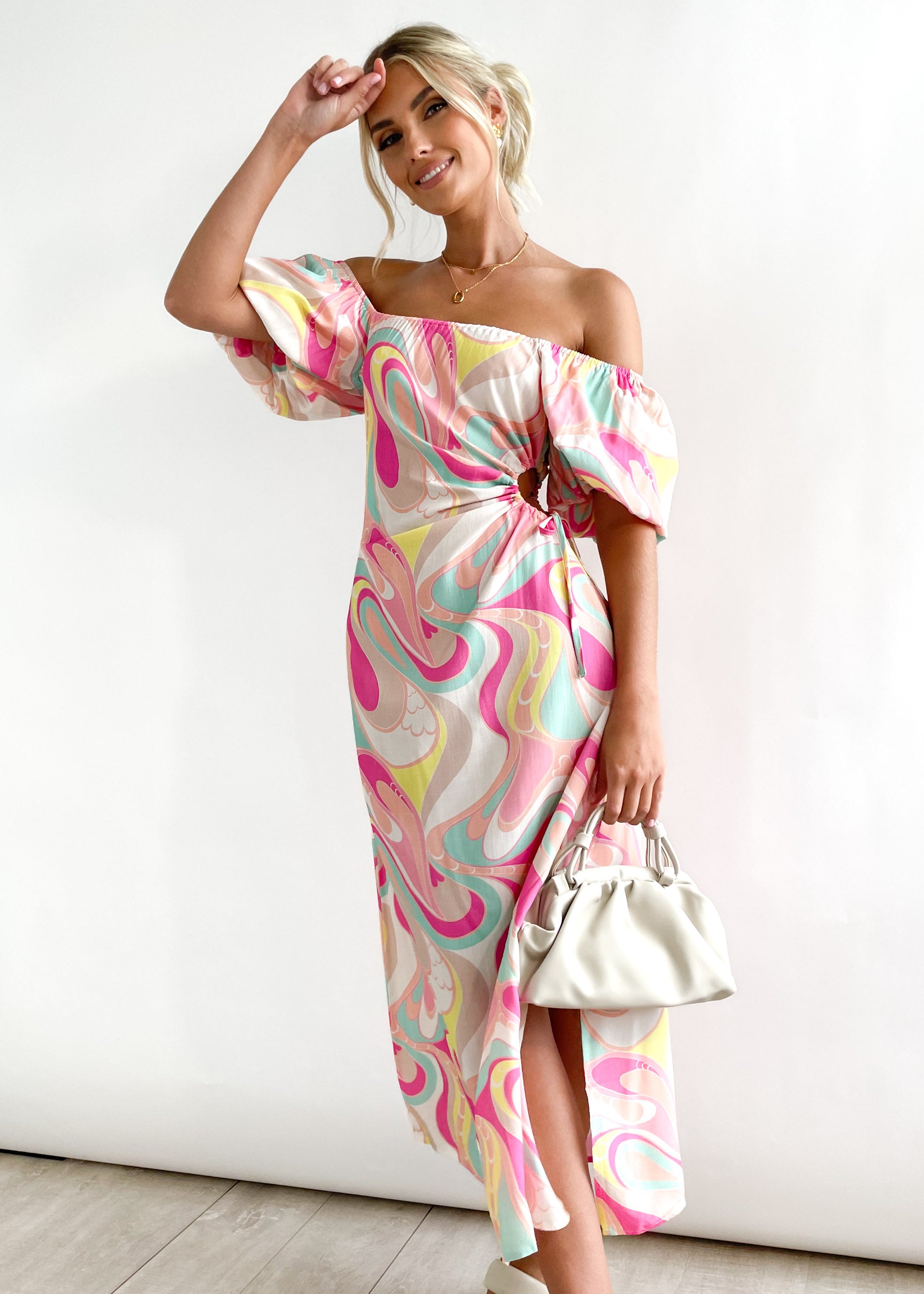 Dayia Off Shoulder Midi Dress - Pink Swirl