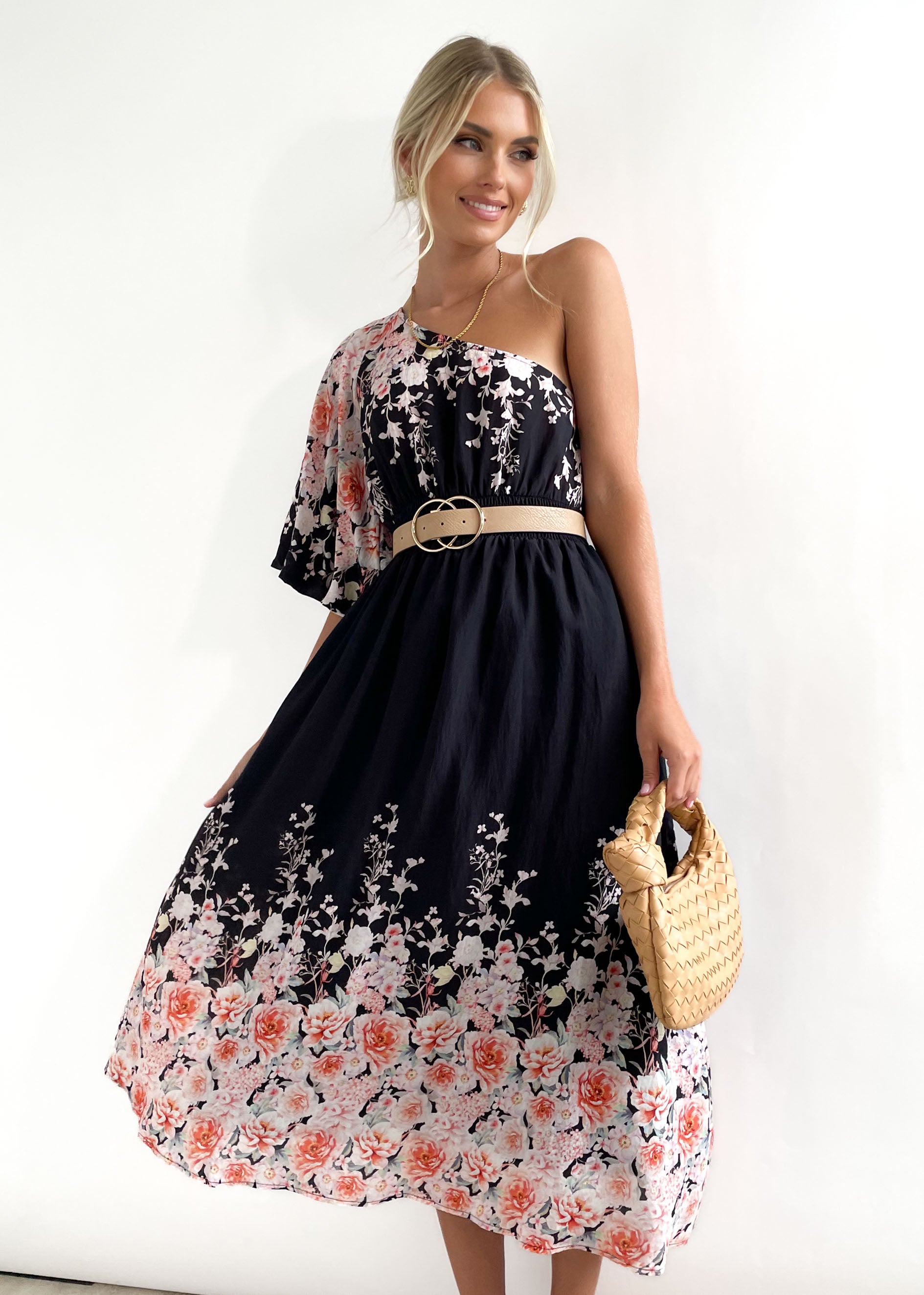 Pauley One Shoulder Midi Dress - Black Floral