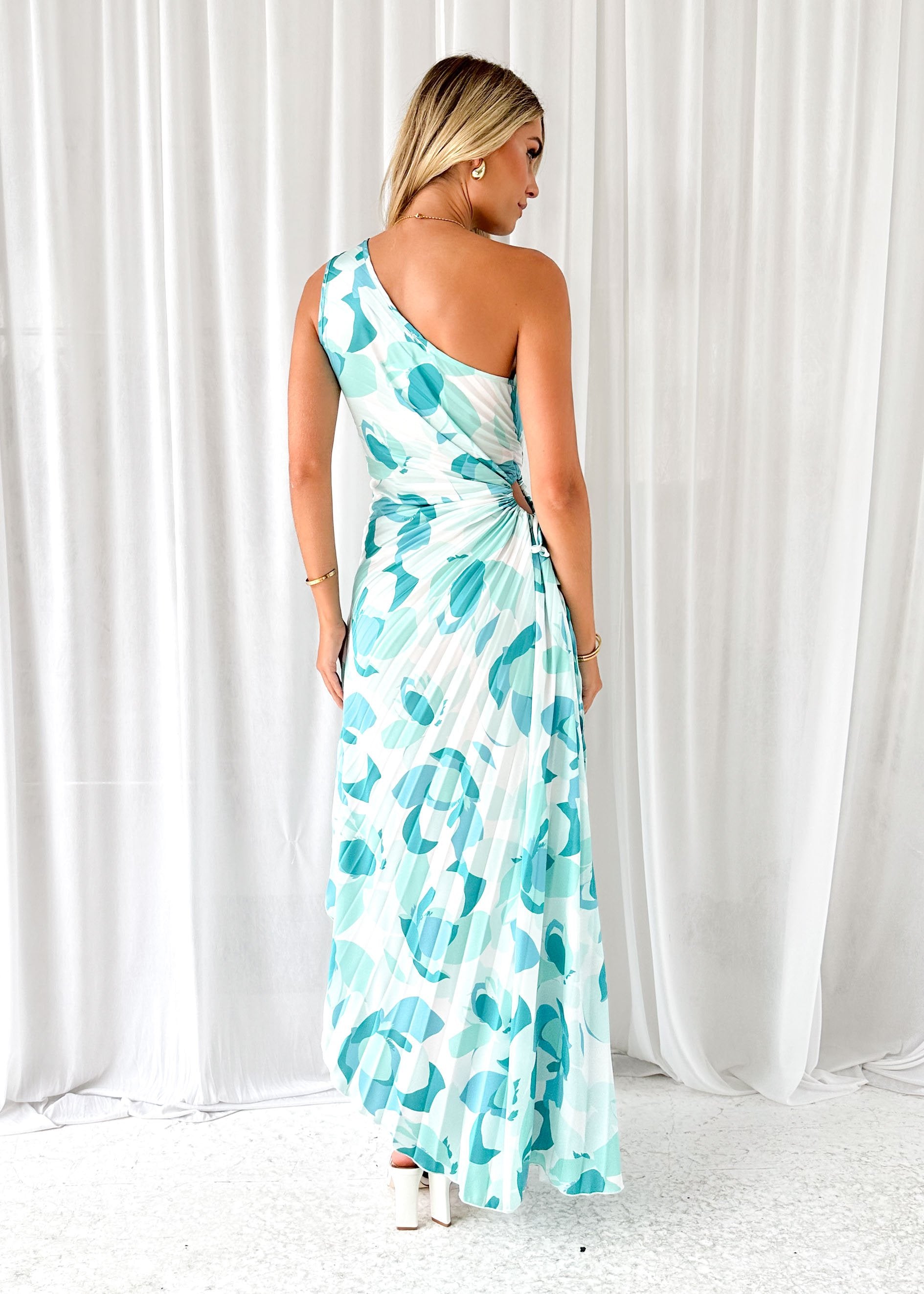 Dame One Shoulder Midi Dress - Green Abstract