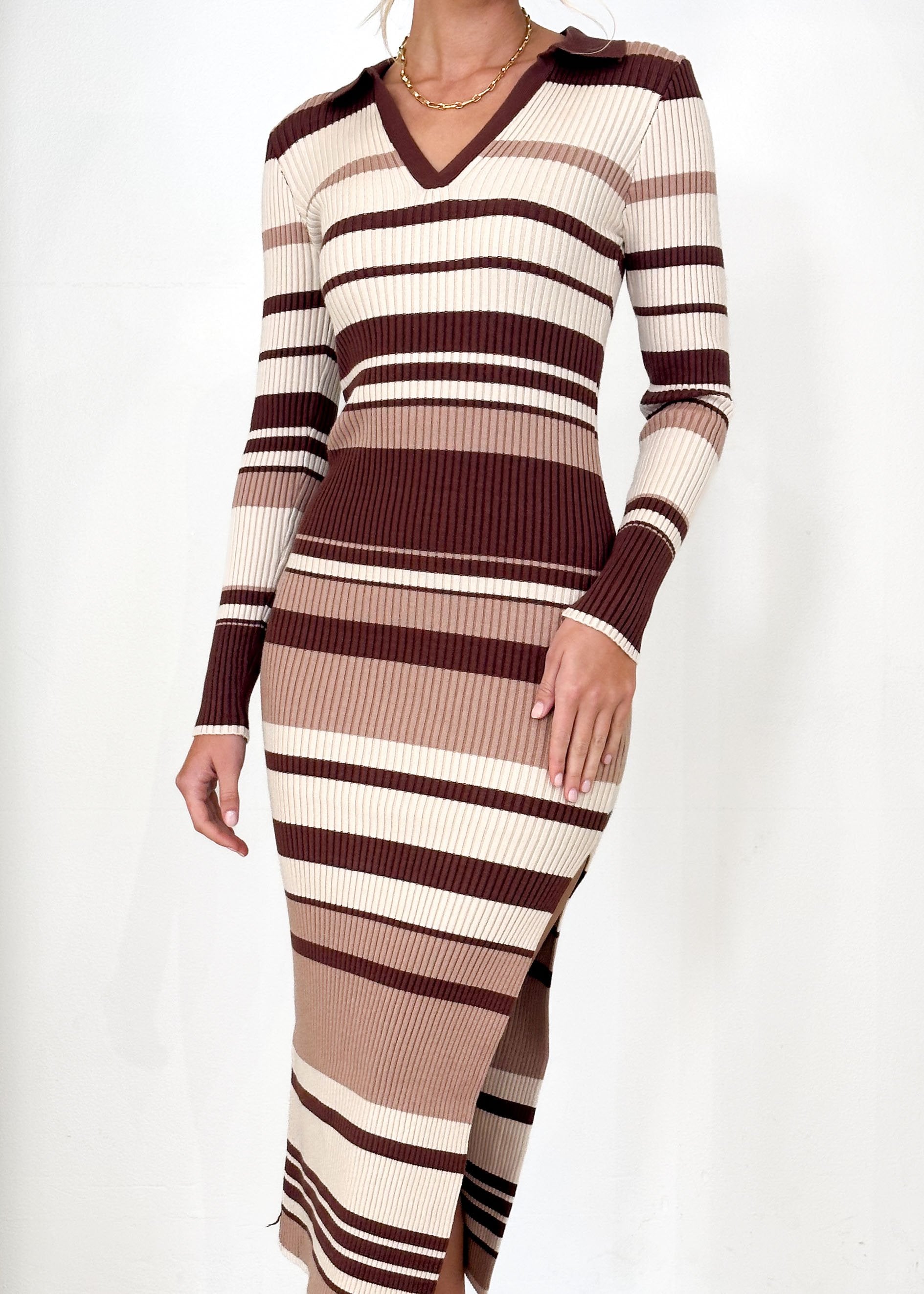 Libbey Knit Midi Dress - Chocolate Stripe