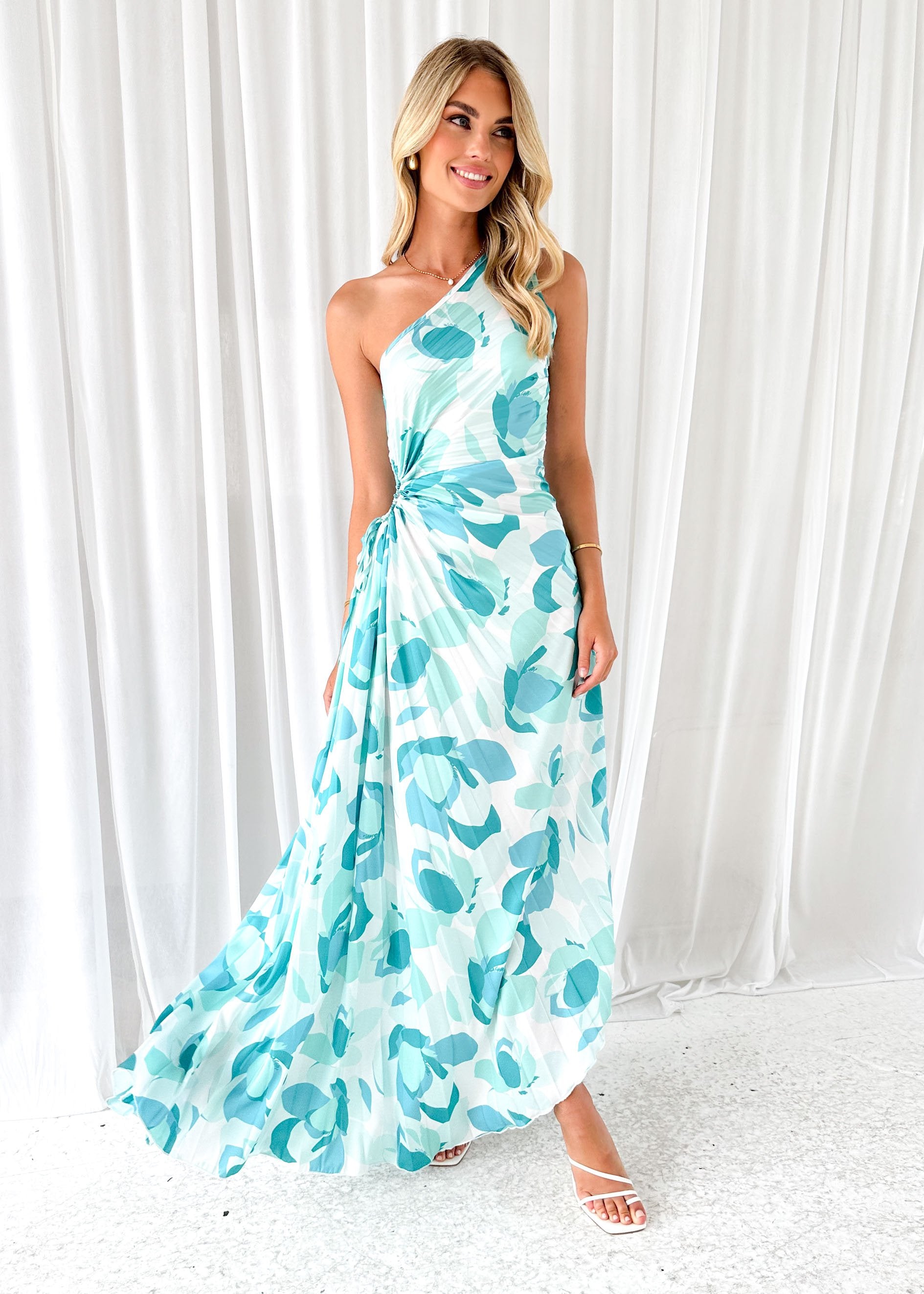 Dame One Shoulder Midi Dress - Green Abstract