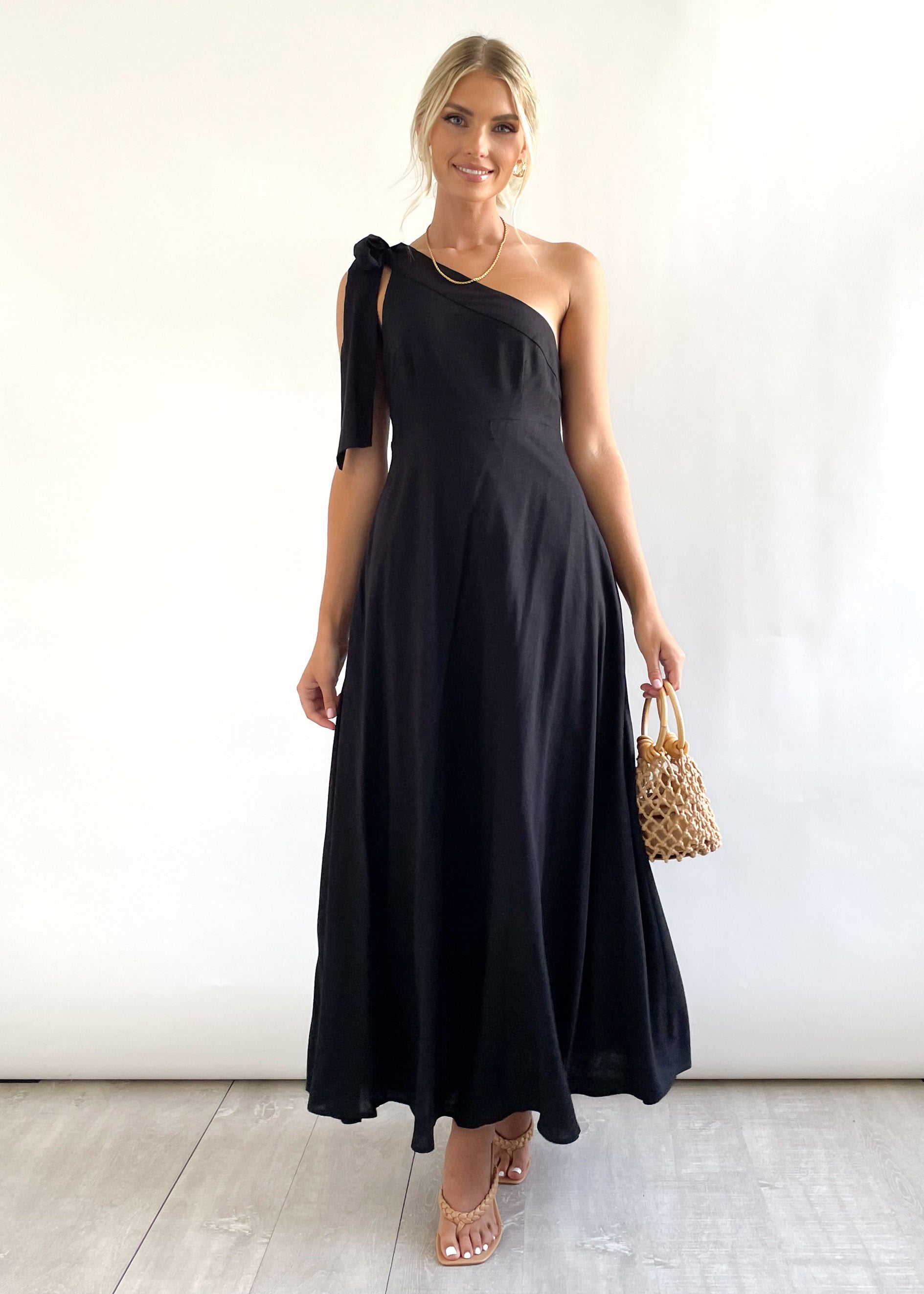 Nora One Shoulder Midi Dress - Black