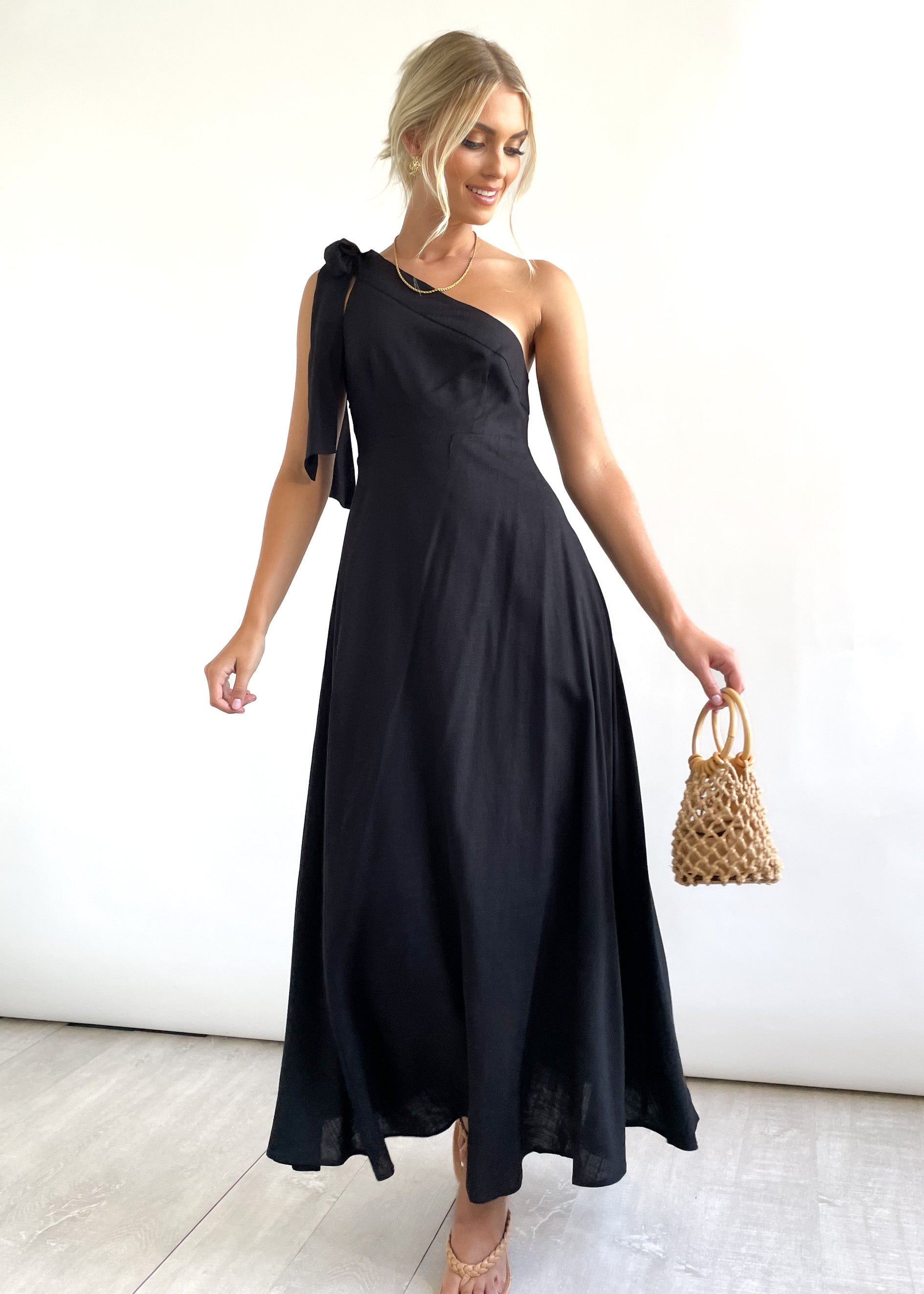 Nora One Shoulder Midi Dress - Black