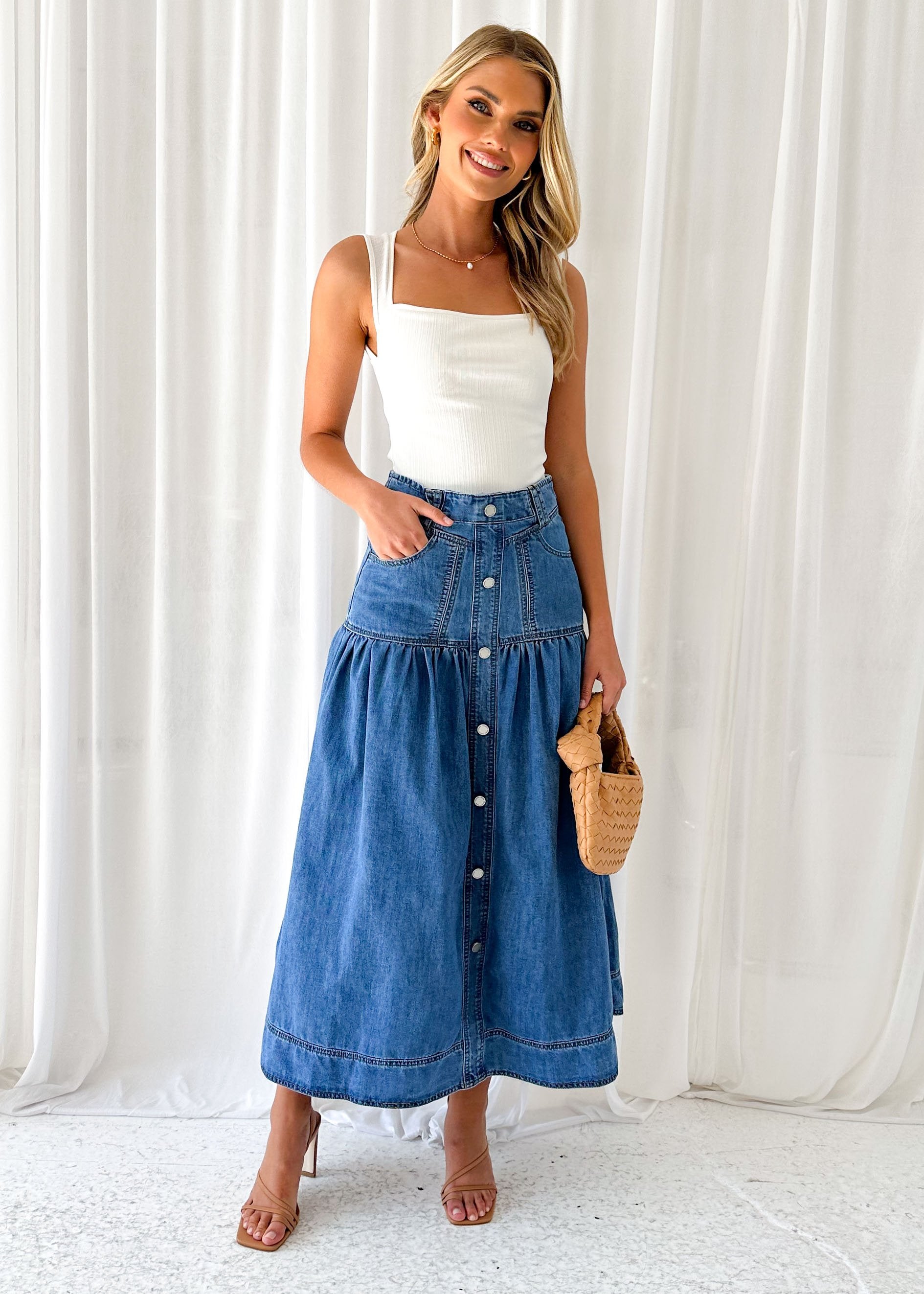 Rentra Denim Maxi Skirt - Mid Blue