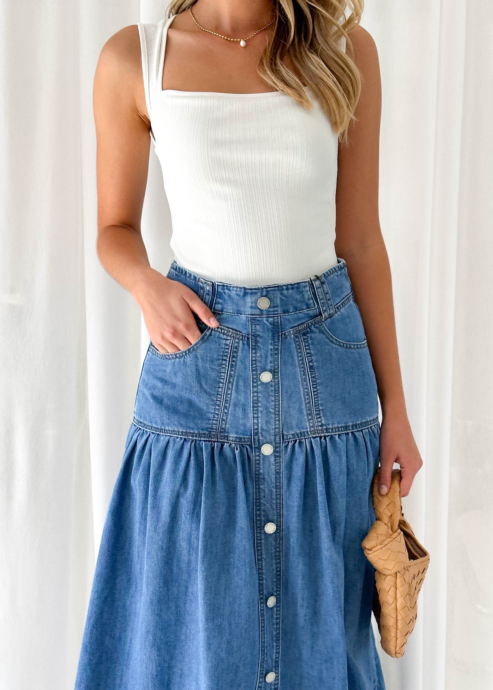 Rentra Denim Maxi Skirt - Mid Blue