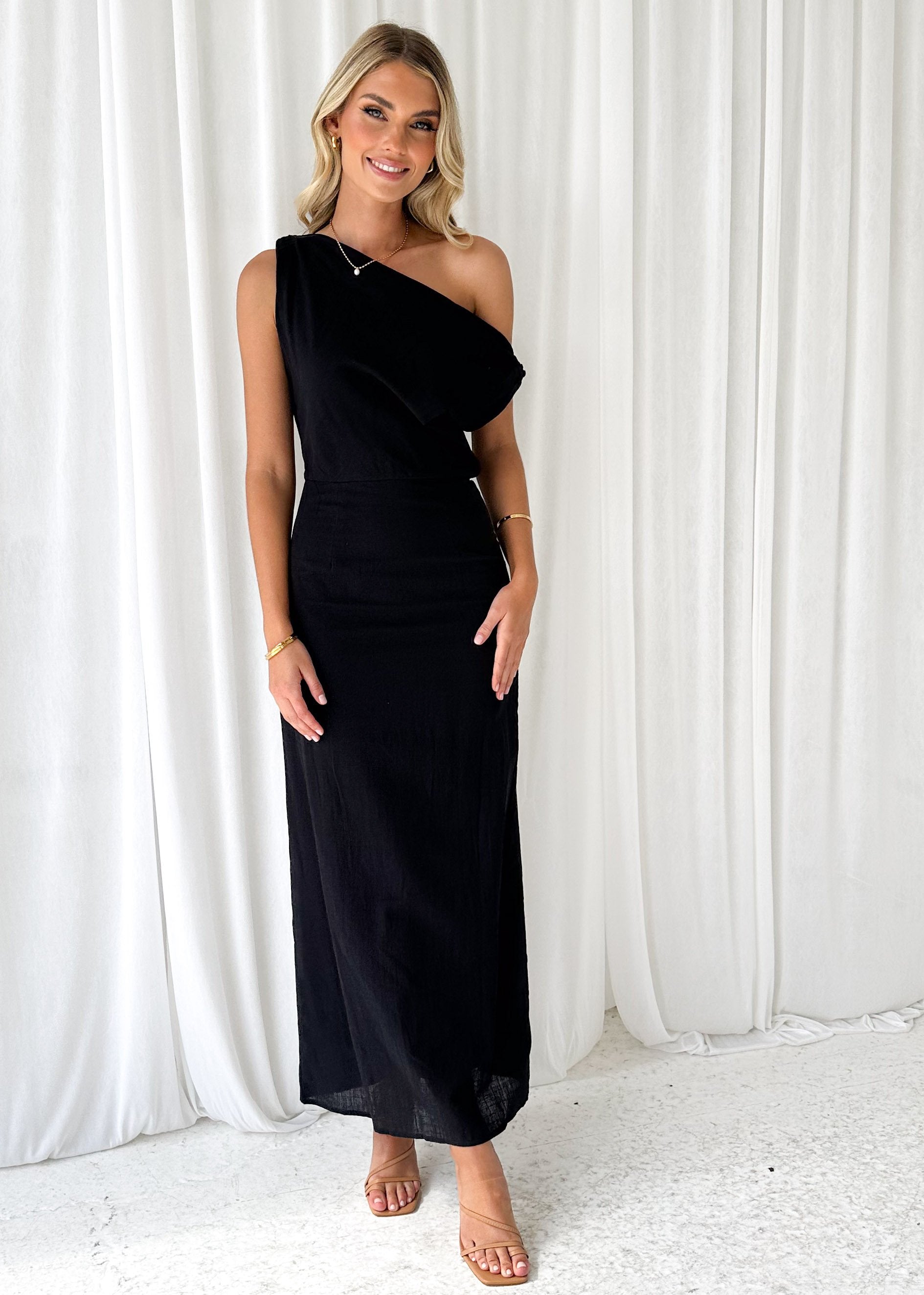 Chanell One Shoulder Midi Dress - Black