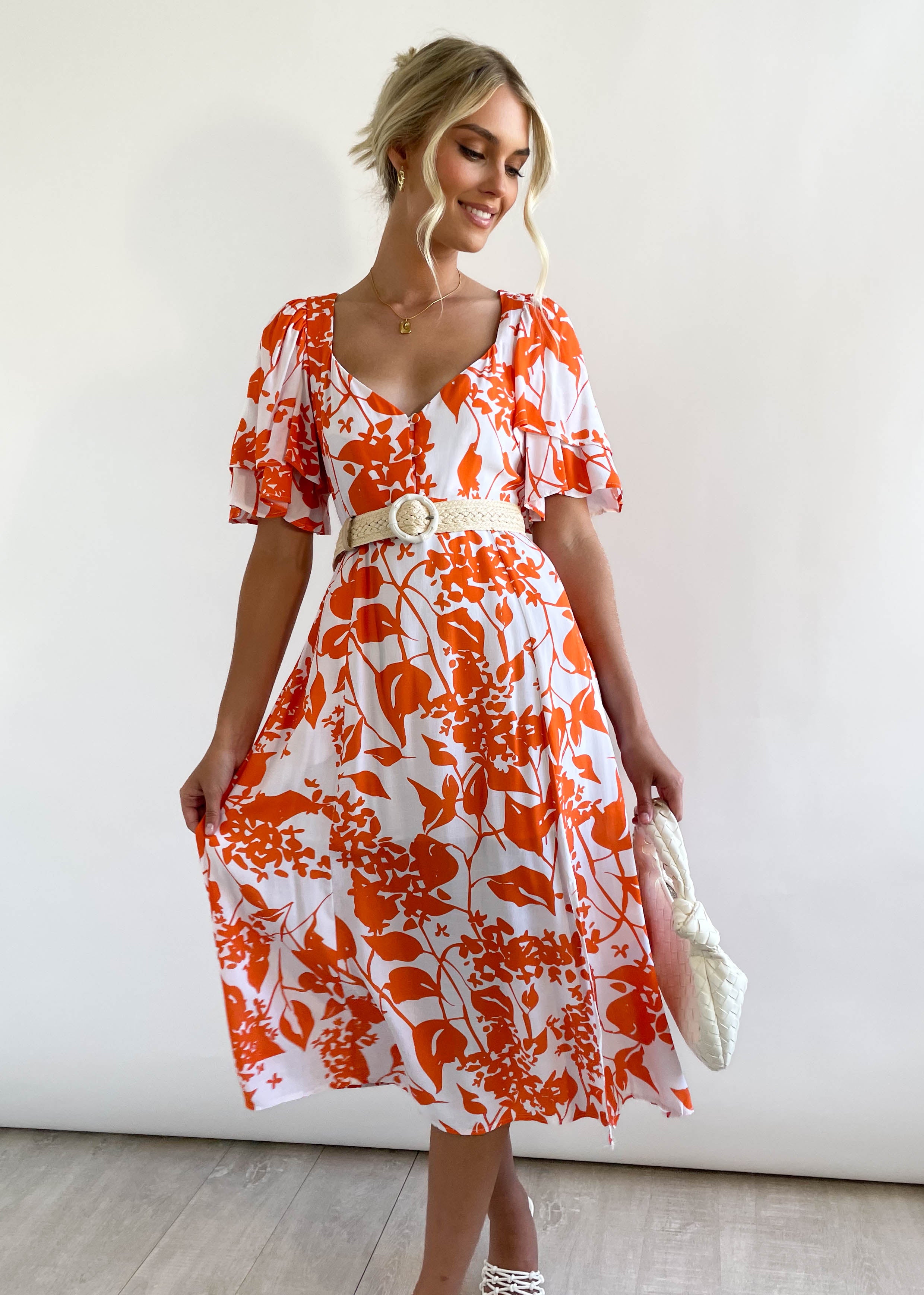 Rogan Midi Dress - Orange Flowers