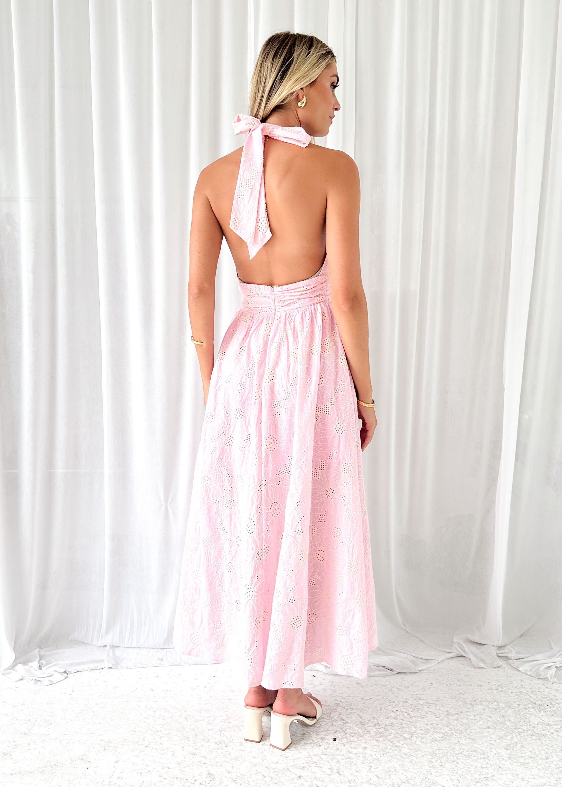 Padel Halter Midi Dress - Pink Anglaise