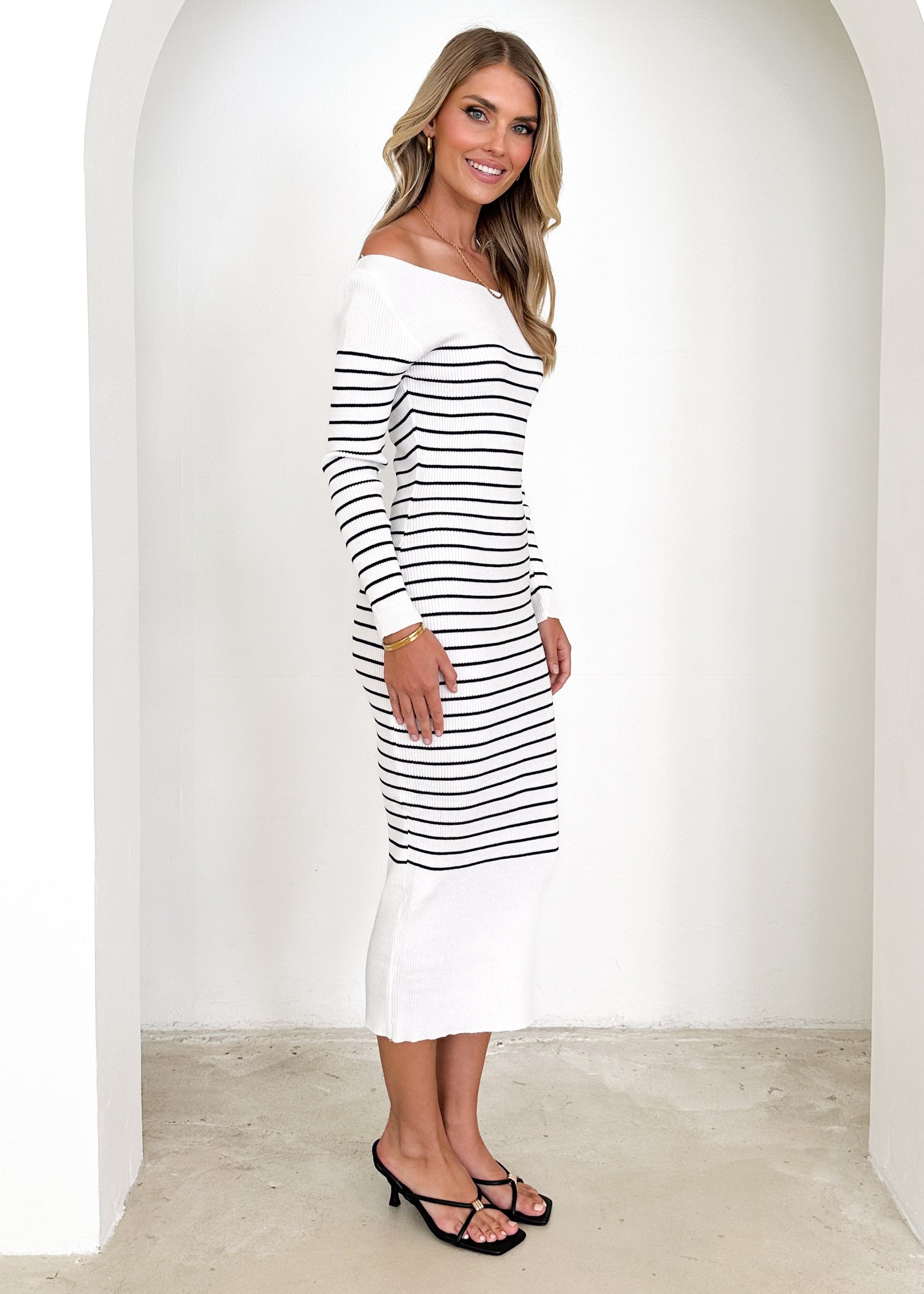 Stassy Knit Midi Dress - White Stripe