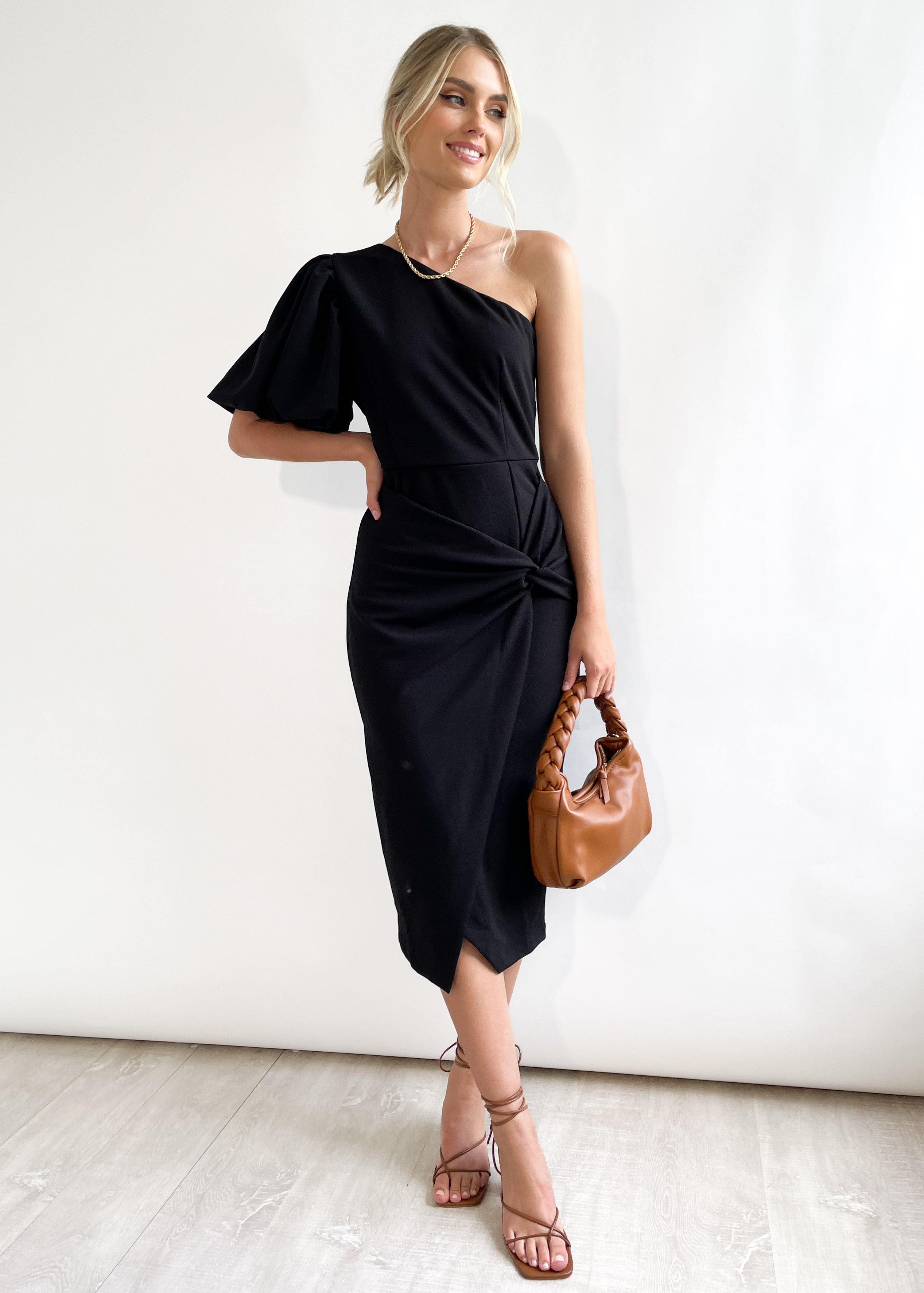 Elaia One Shoulder Midi Dress - Black