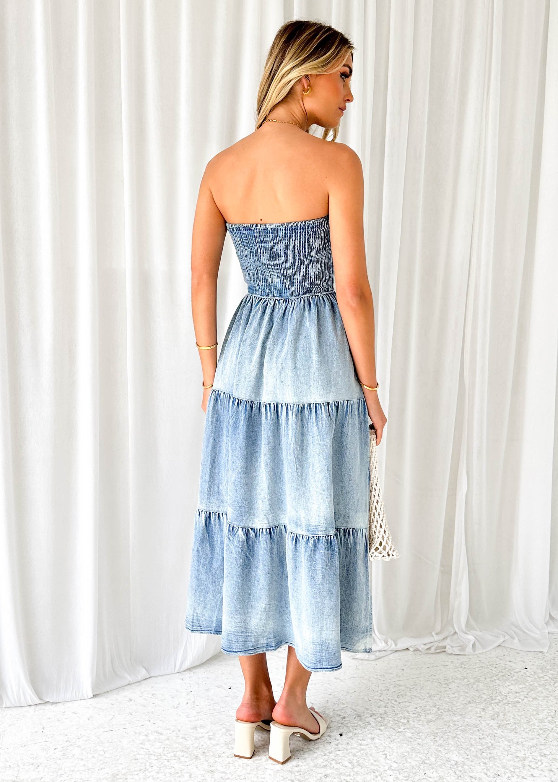 Asmine Strapless Denim Midi Dress - Washed Blue