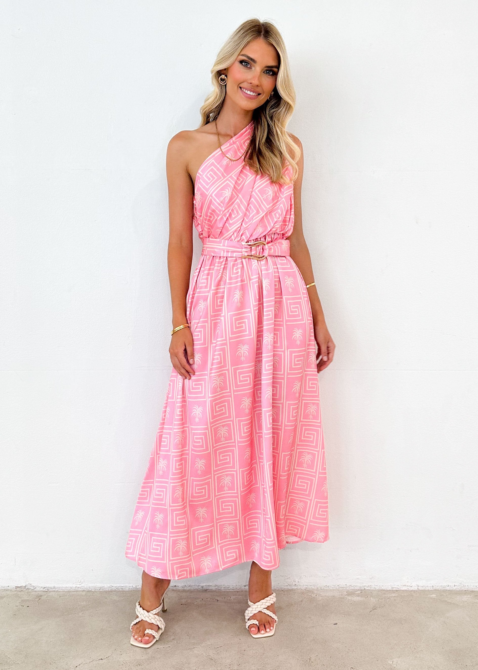 Korah One Shoulder Midi Dress - Pink Palm