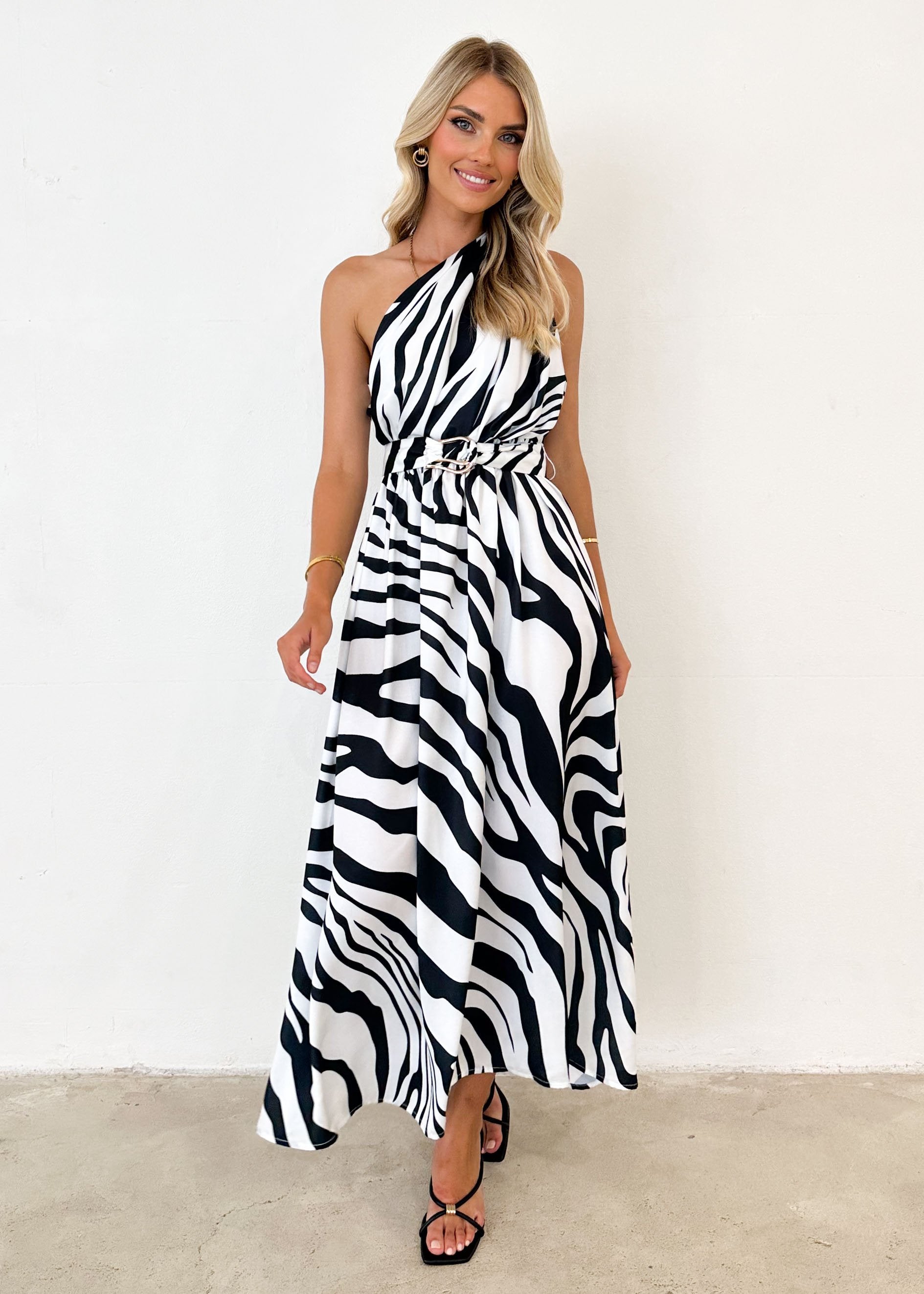 Korah One Shoulder Midi Dress - Black Zebra