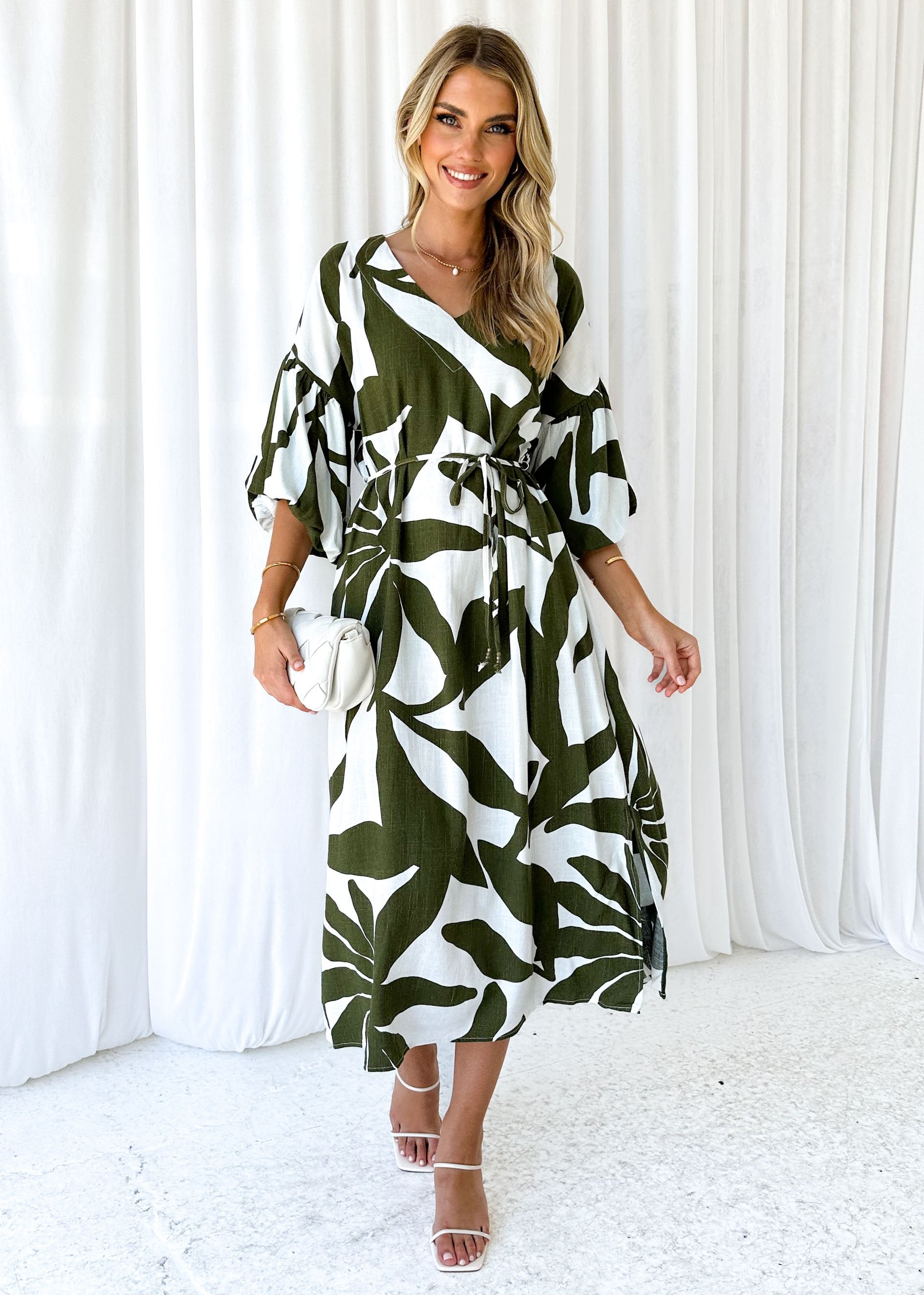 Aisley Midi Dress - Khaki Leaf