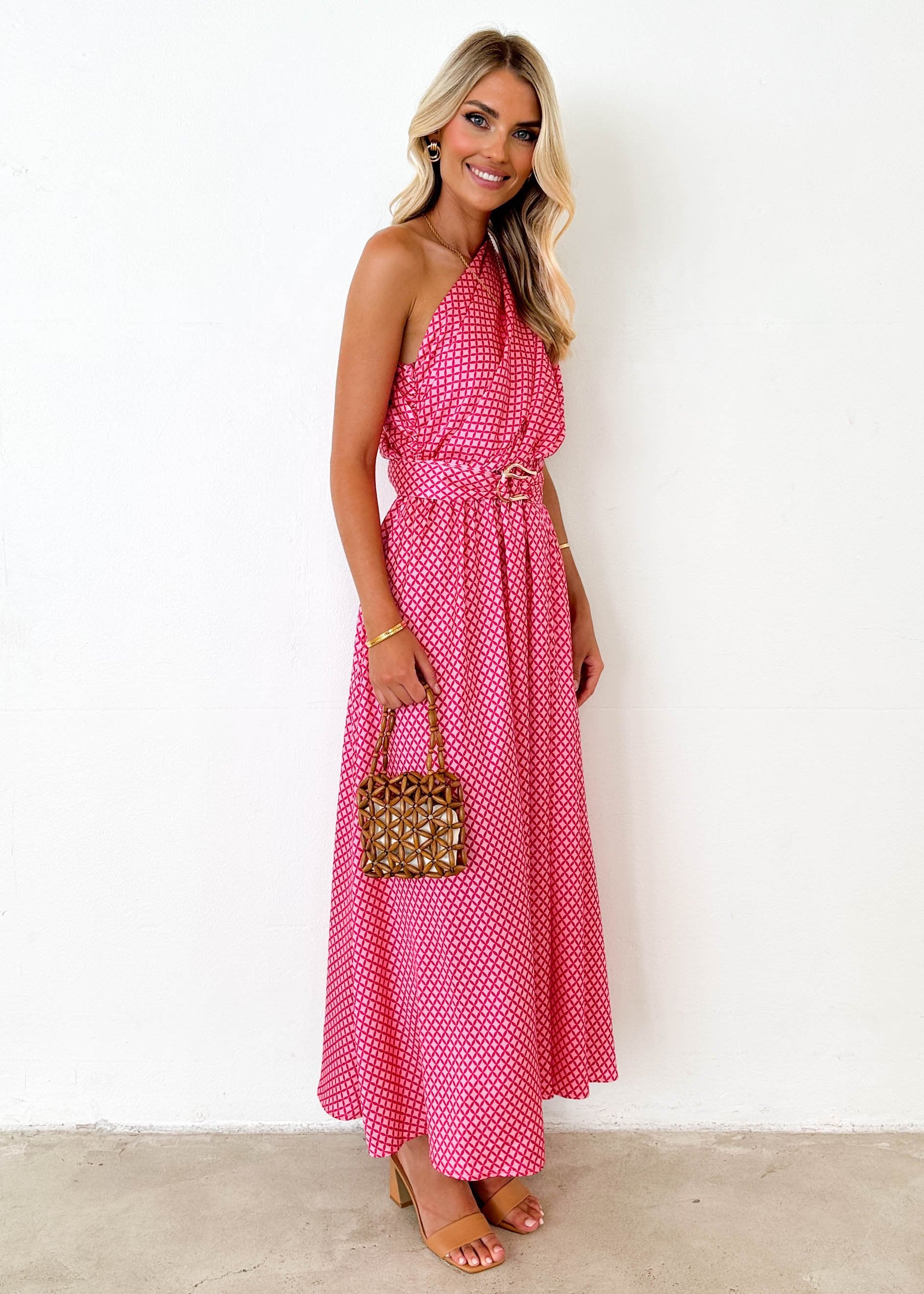Korah One Shoulder Midi Dress - Pink Check
