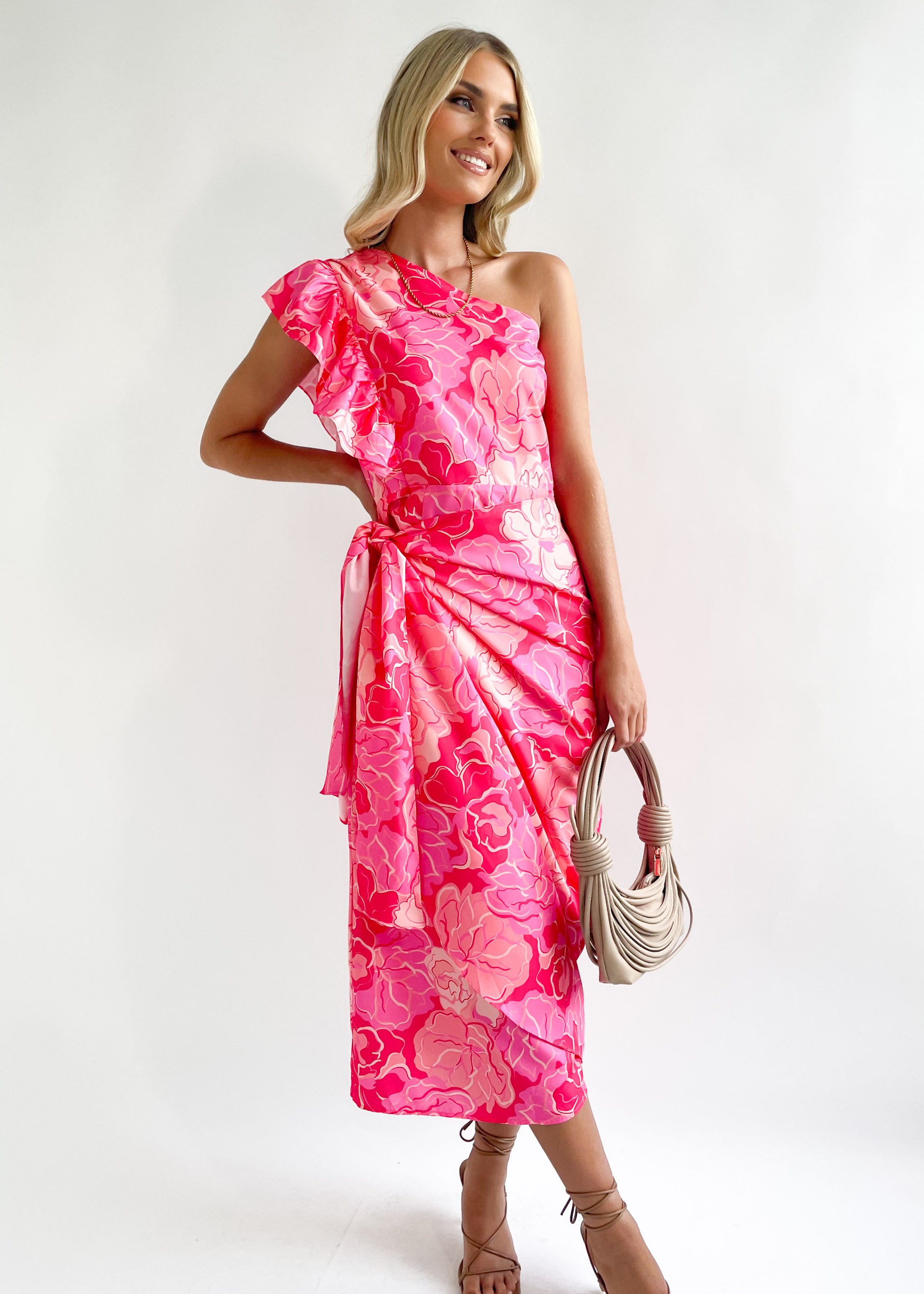 Noumie One Shoulder Midi Dress - Pink Hibiscus