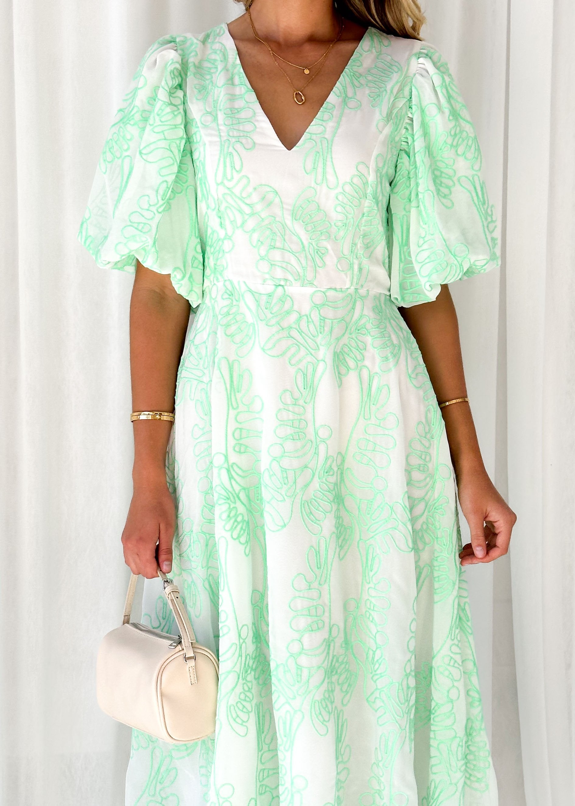 Ninetta Midi Dress - Green Embroidered