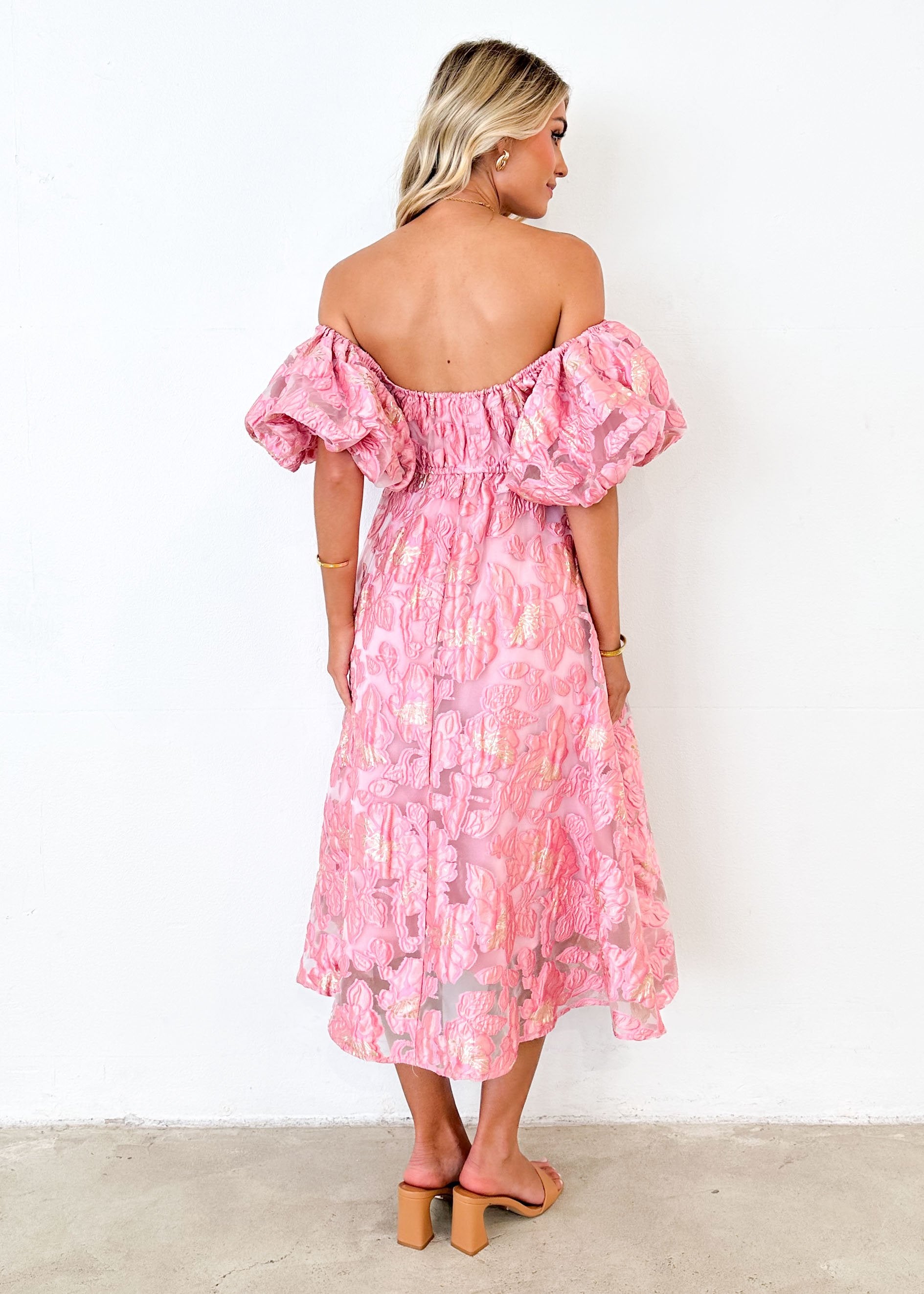 Simma Off Shoulder Midi Dress - Candy Pink Jacquard