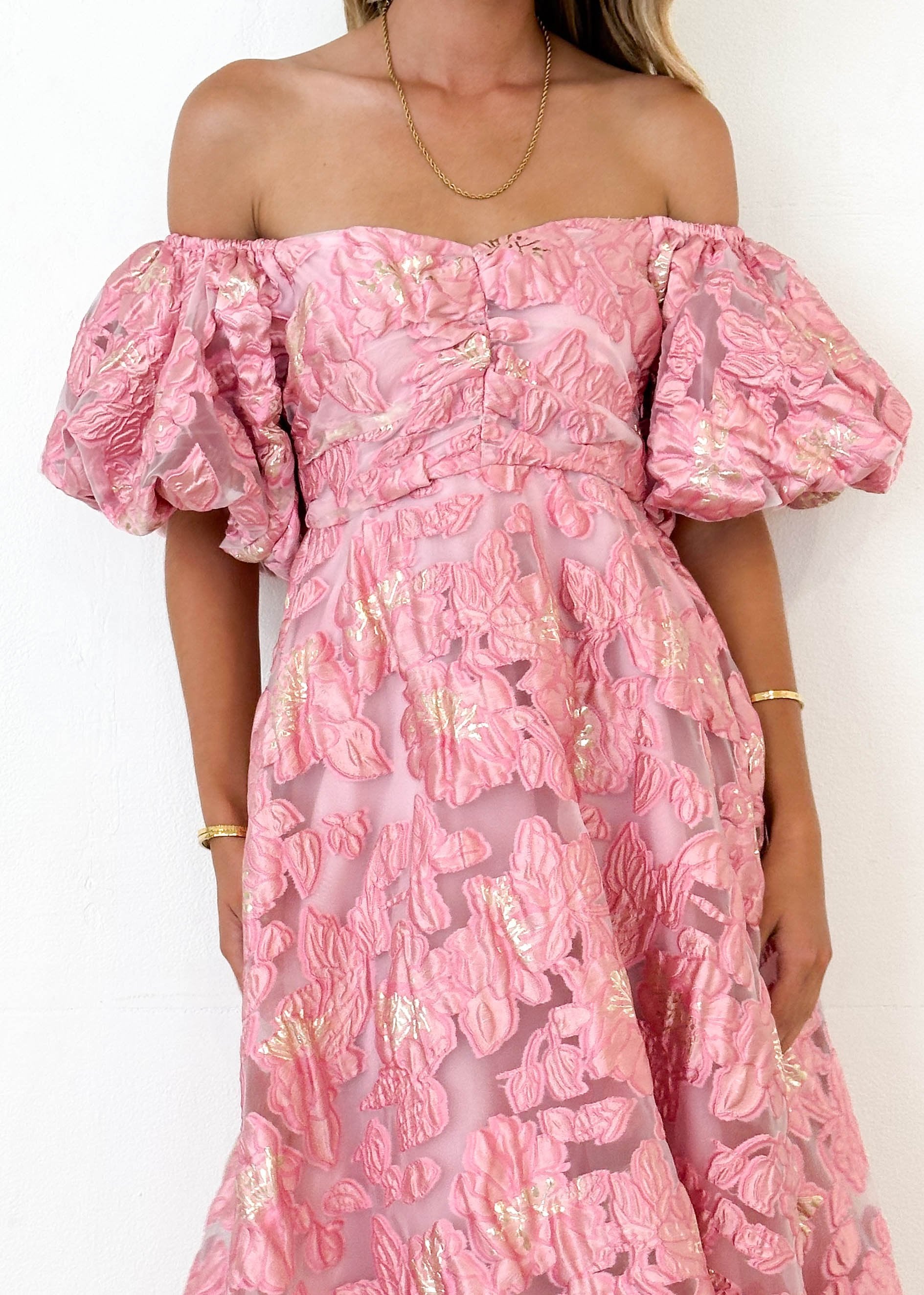 Simma Off Shoulder Midi Dress - Candy Pink Jacquard