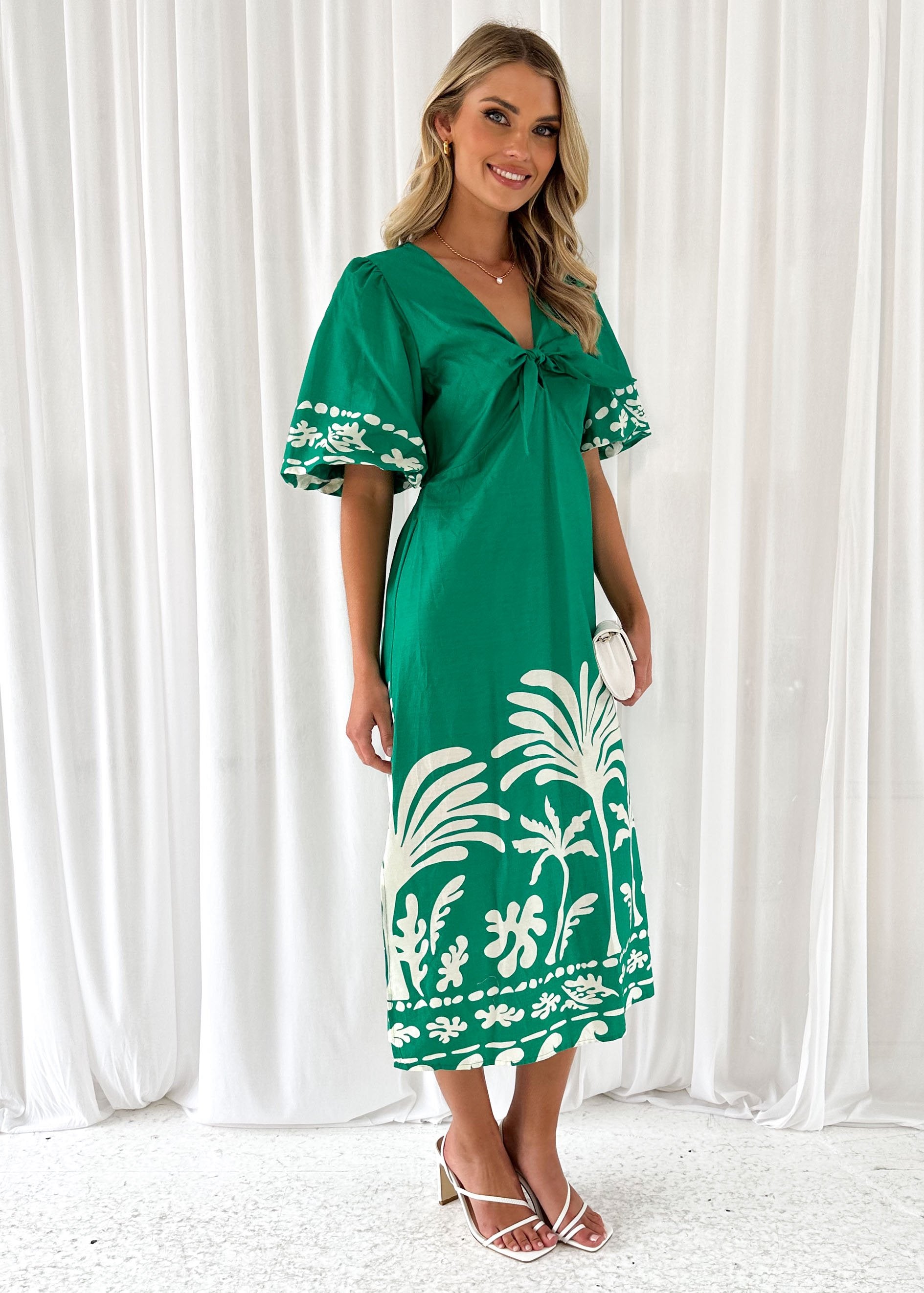 Trose Midi Dress - Green Palms
