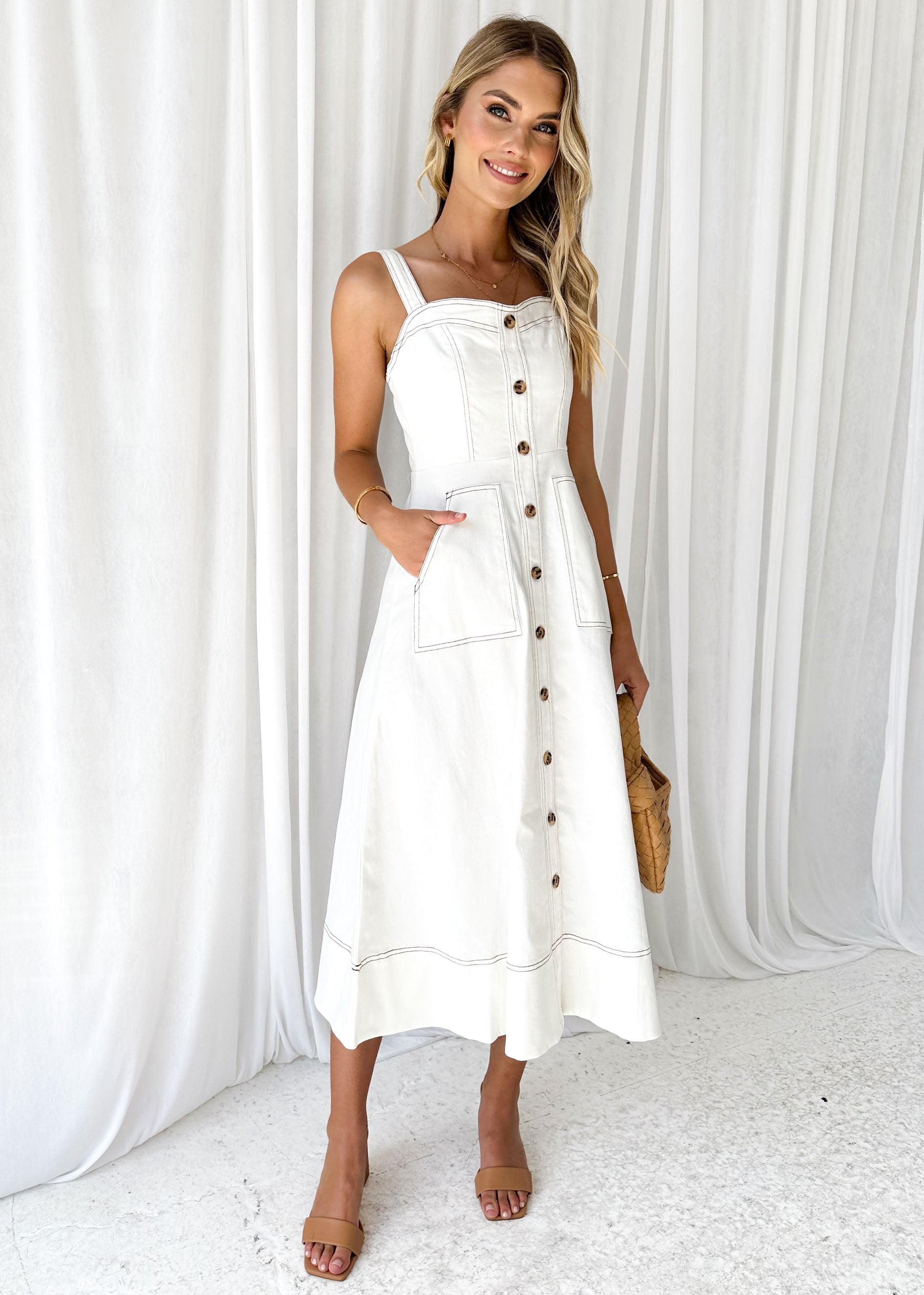 Leatie Stretch Denim Midi Dress - Off White