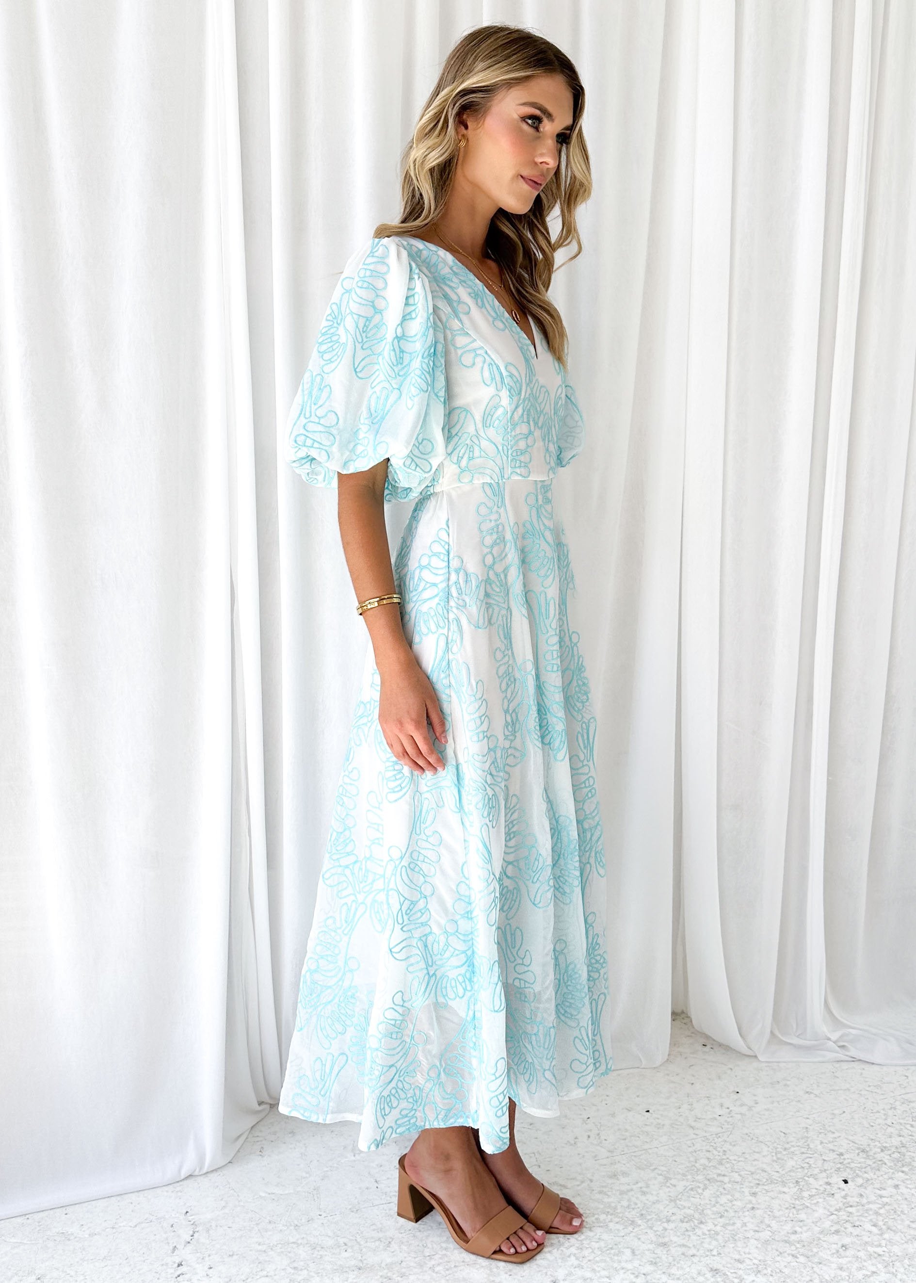 Ninetta Midi Dress - Aqua Embroidered