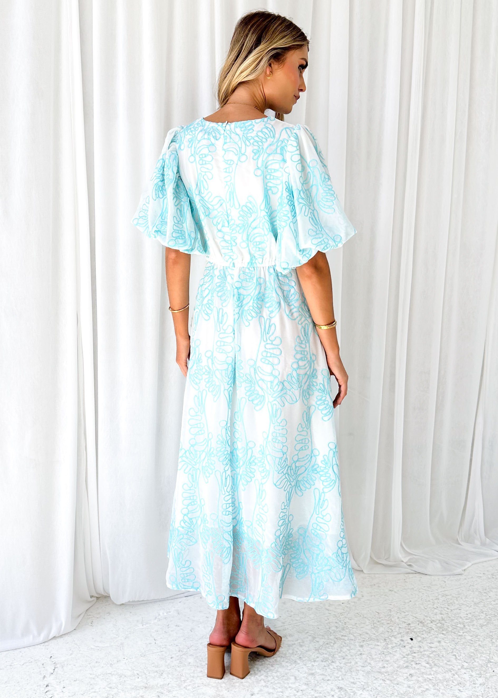 Ninetta Midi Dress - Aqua Embroidered
