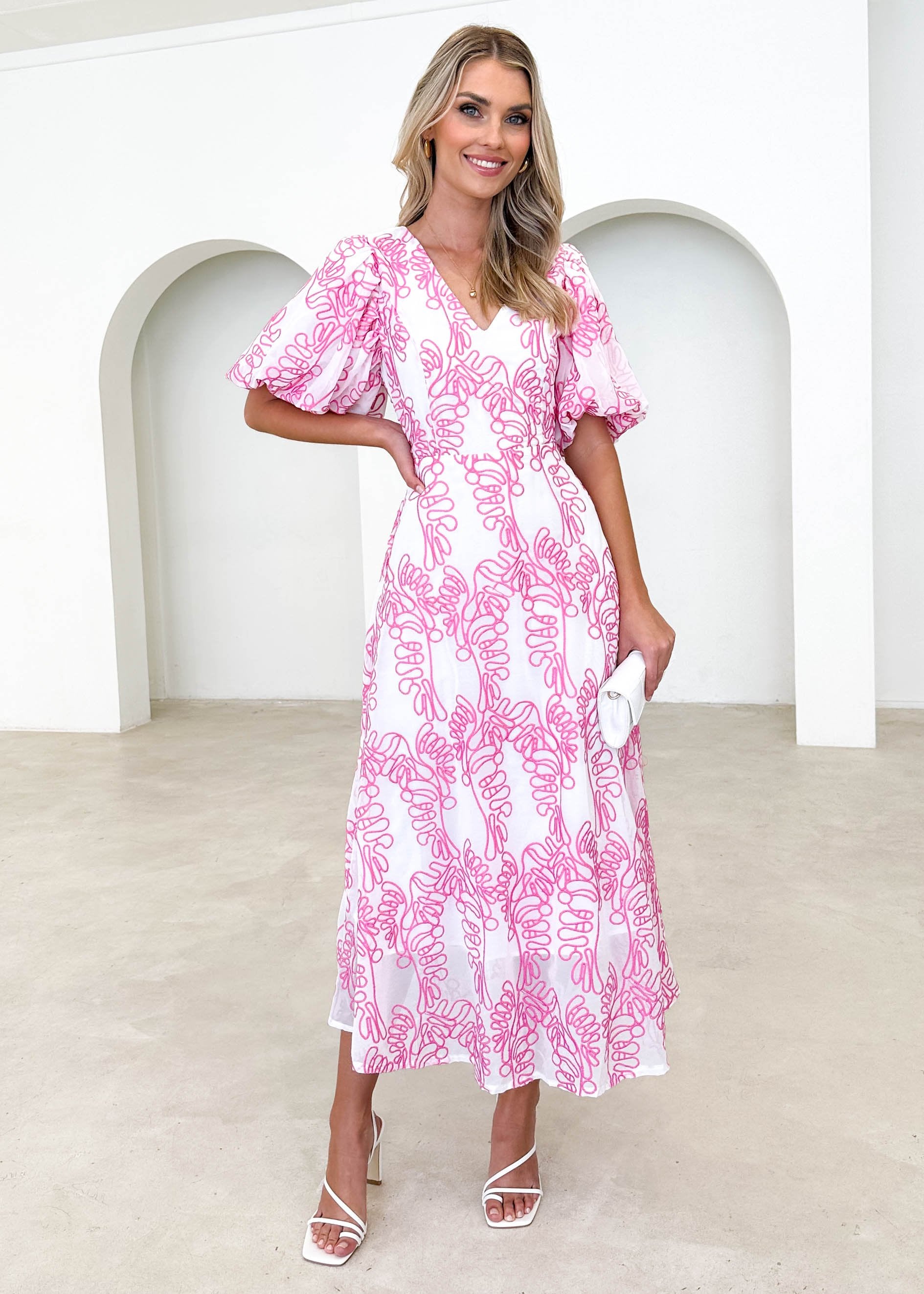 Ninetta Midi Dress - Pink Embroidered