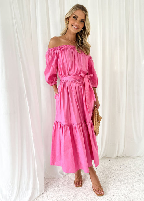 The Frolic off-shoulder knitted midi dress in pink marl