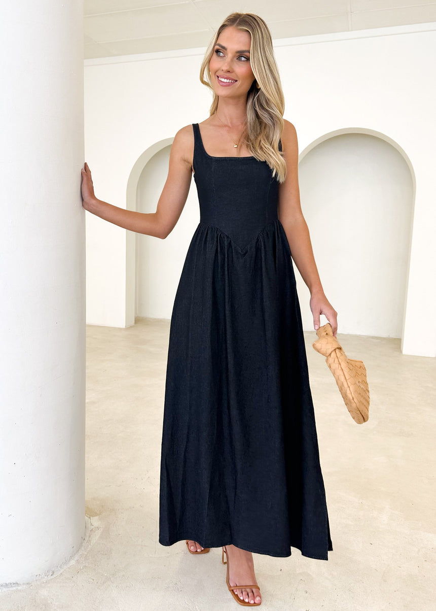 Thalassa Stretch Denim Maxi Dress - Black Denim