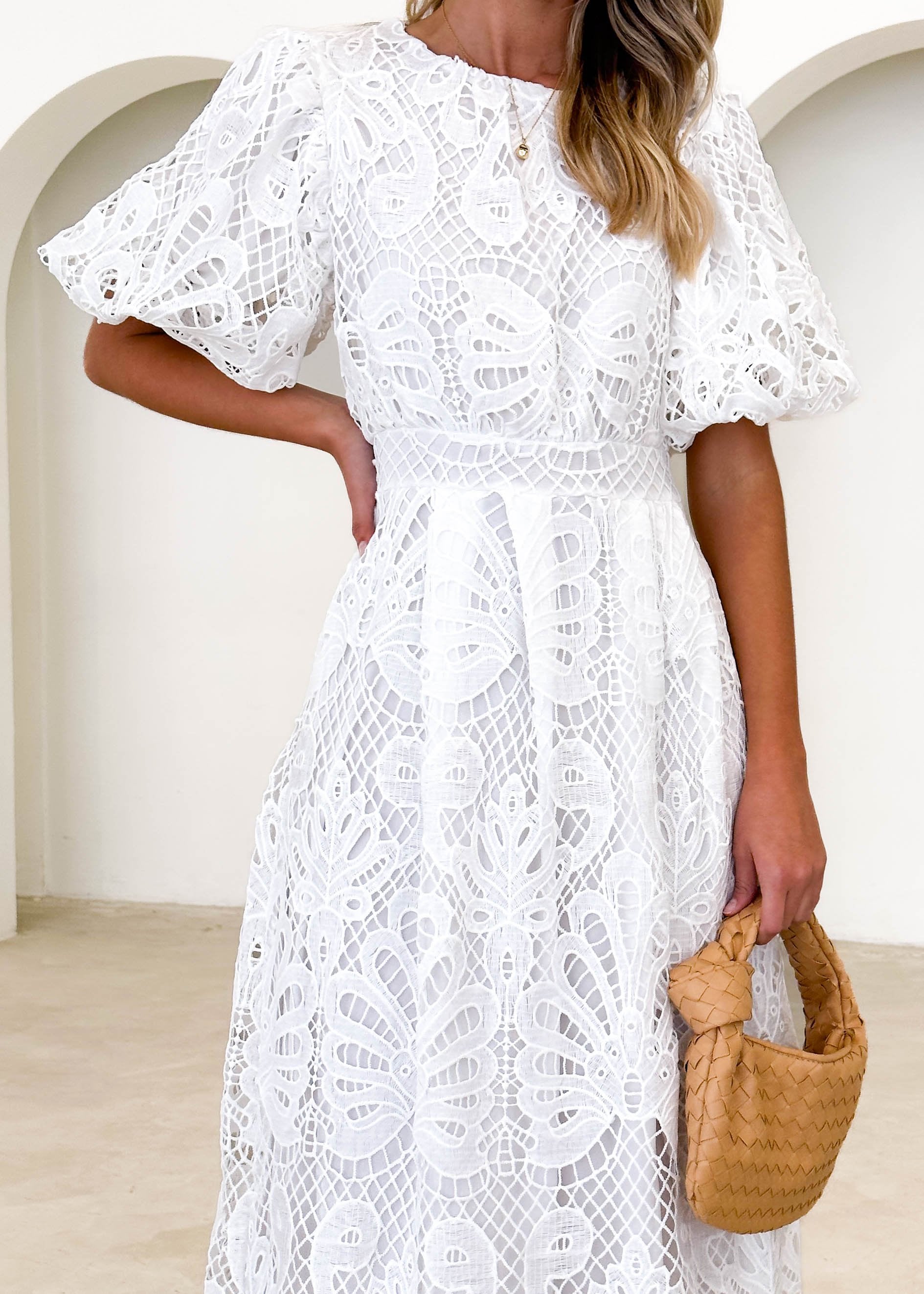 Lisa Lace Midi Dress - Off White