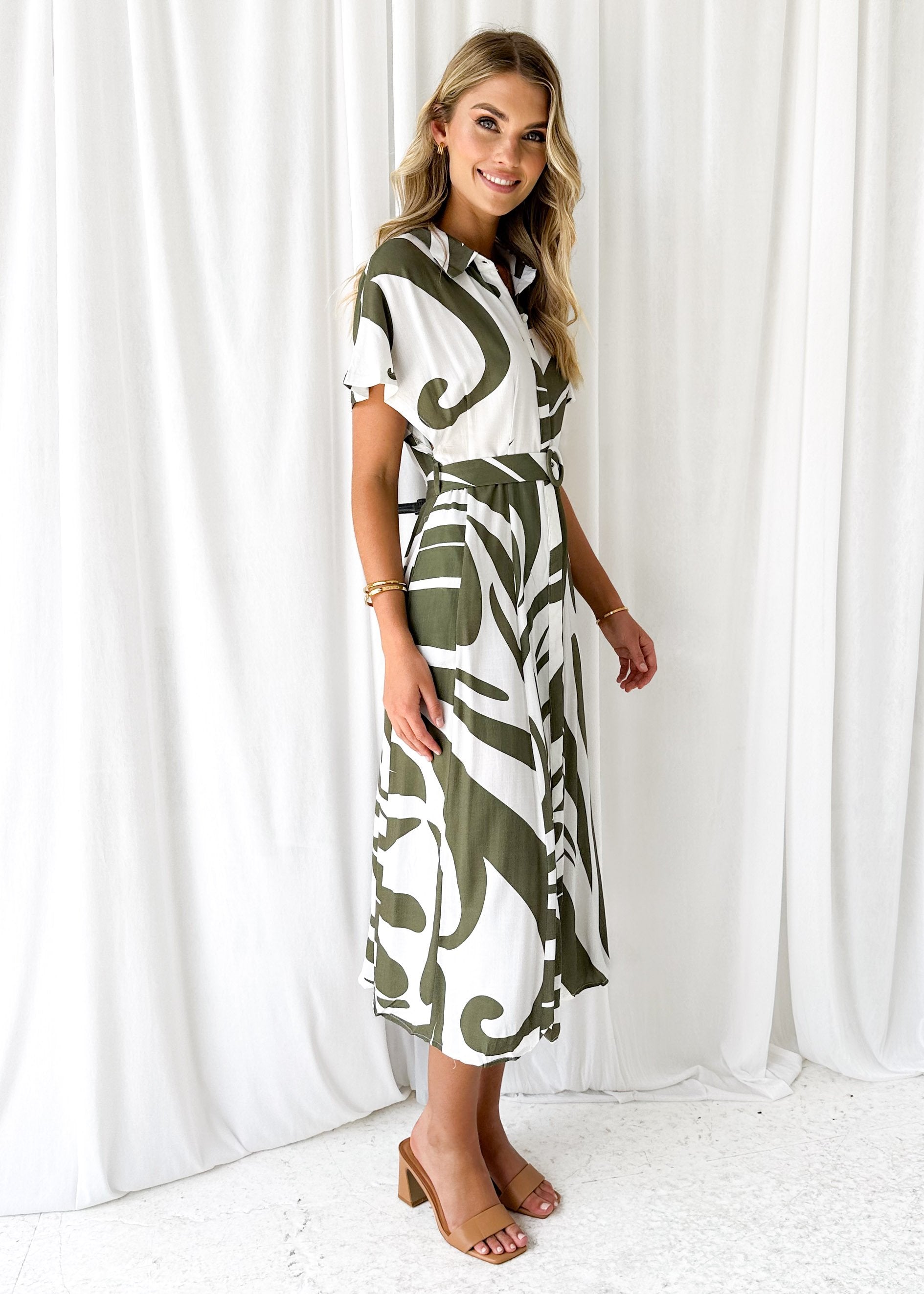 Uyer Midi Dress - Khaki Abstract