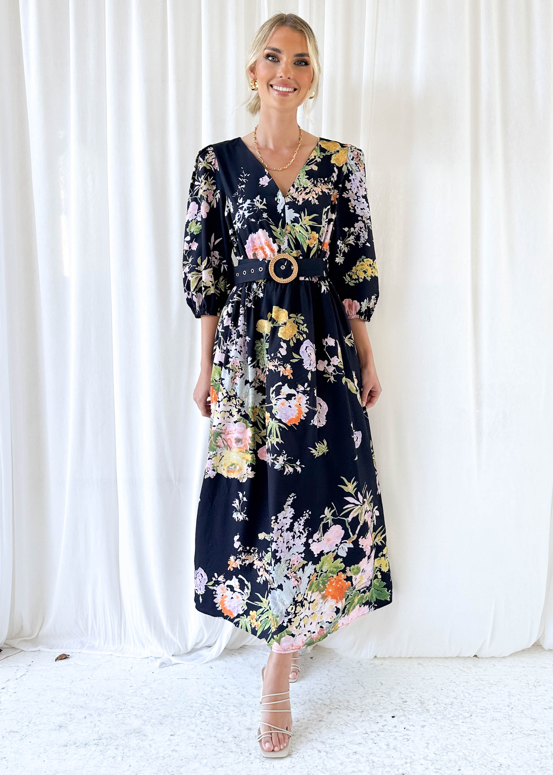 Varina Midi Dress - Black Bouquet