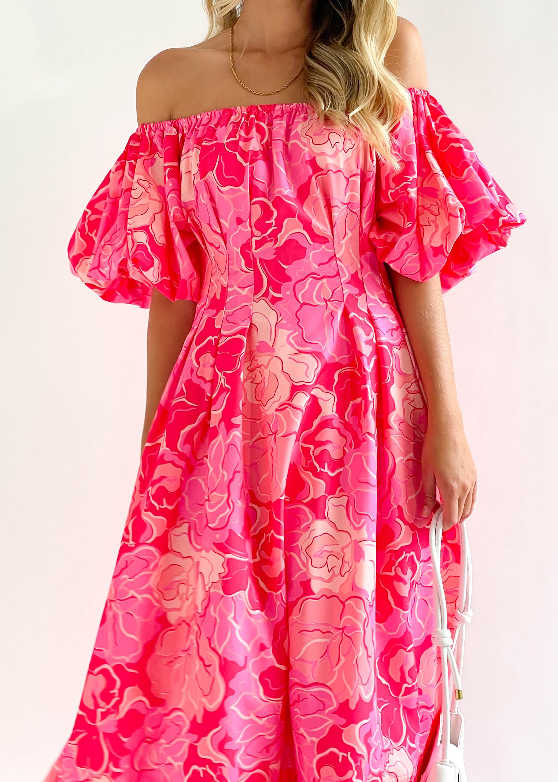 Jasmyn Off Shoulder Midi Dress - Pink Hibiscus