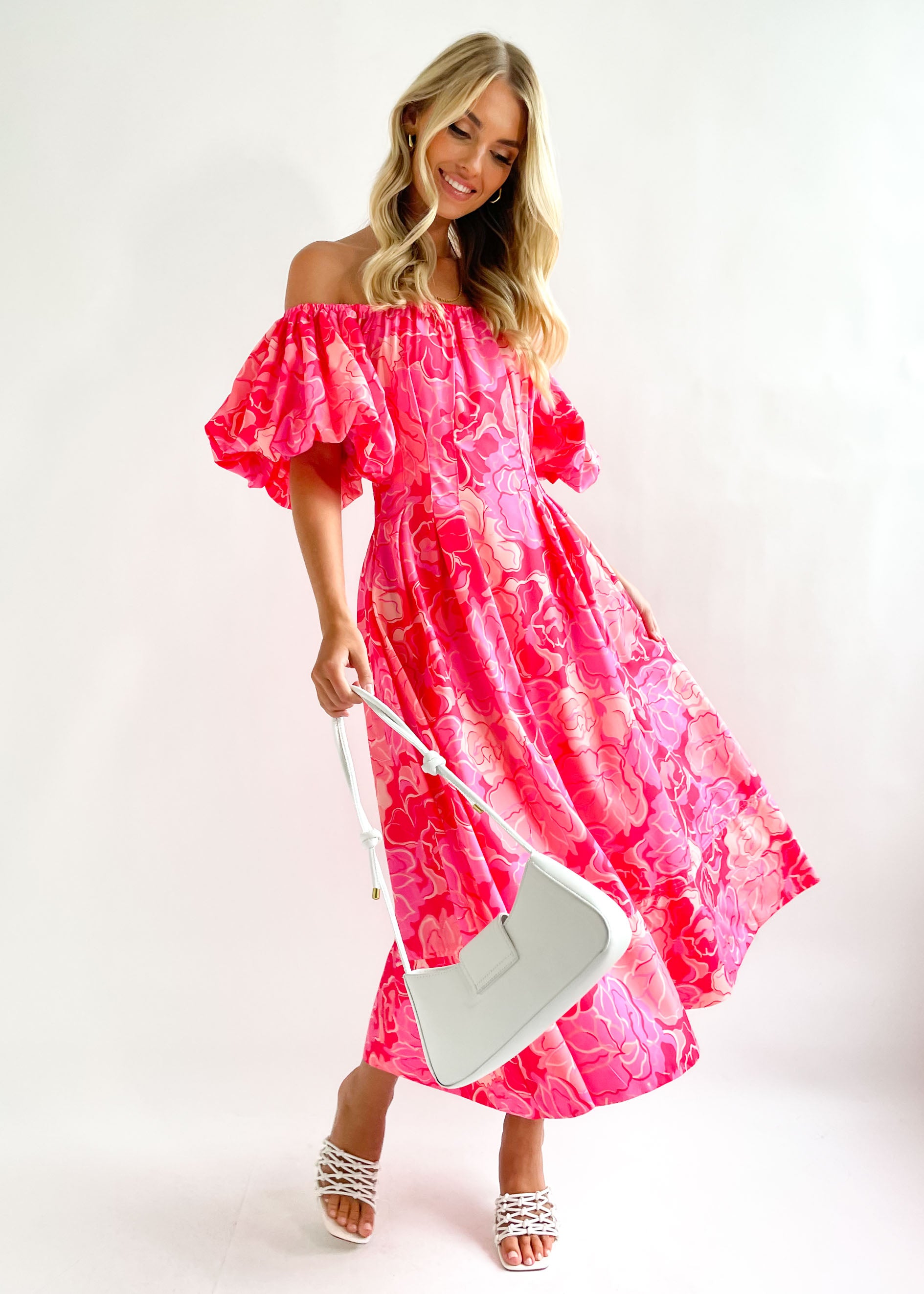 Jasmyn Off Shoulder Midi Dress - Pink Hibiscus