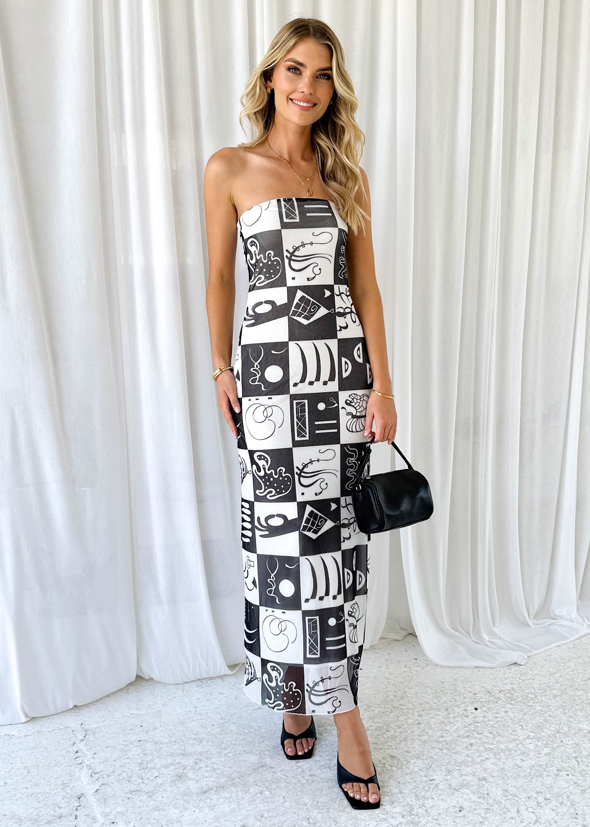 Ipper Strapless Maxi Dress - Black Abstract