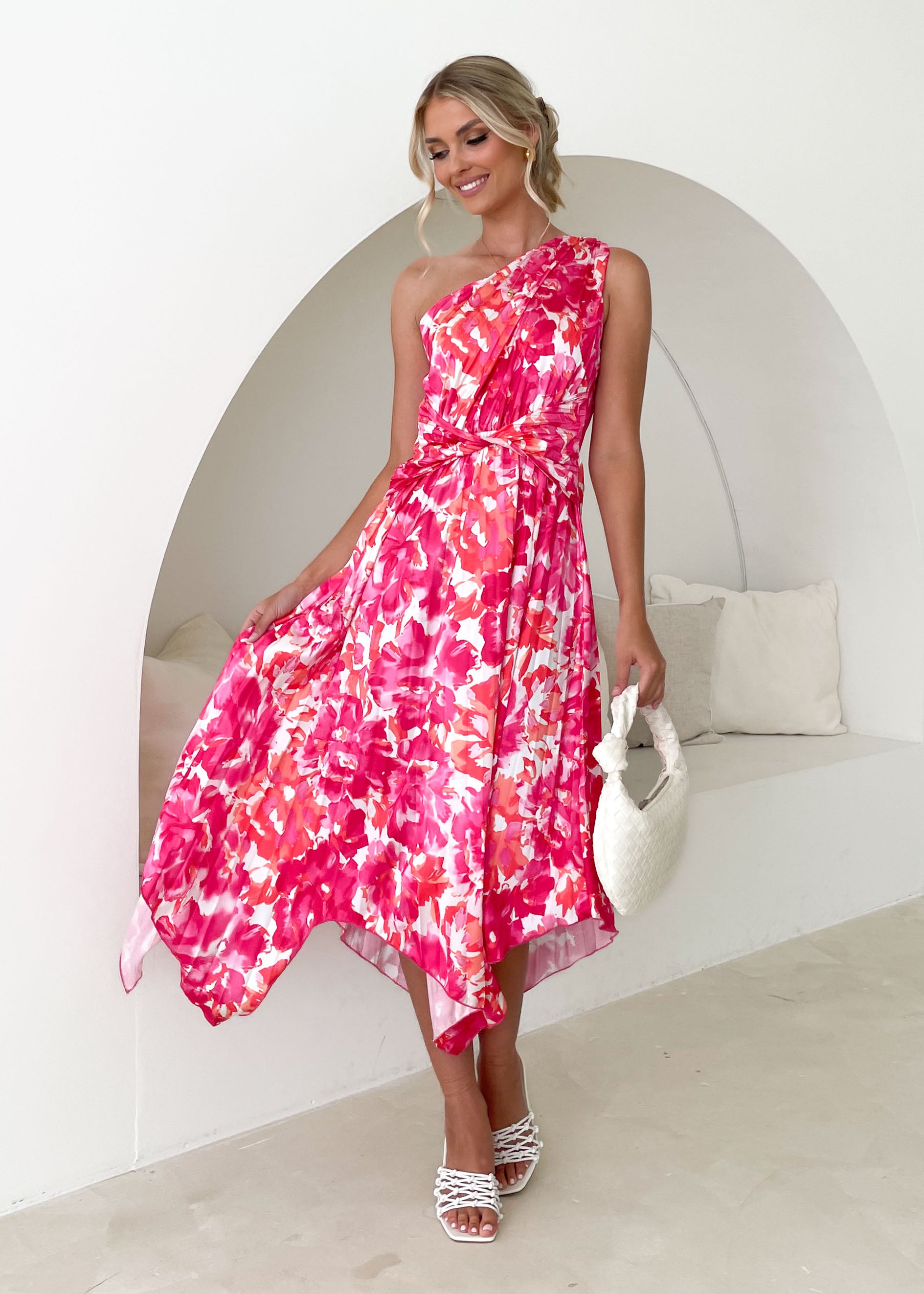 Kammie One Shoulder Midi Dress - Pink Floral