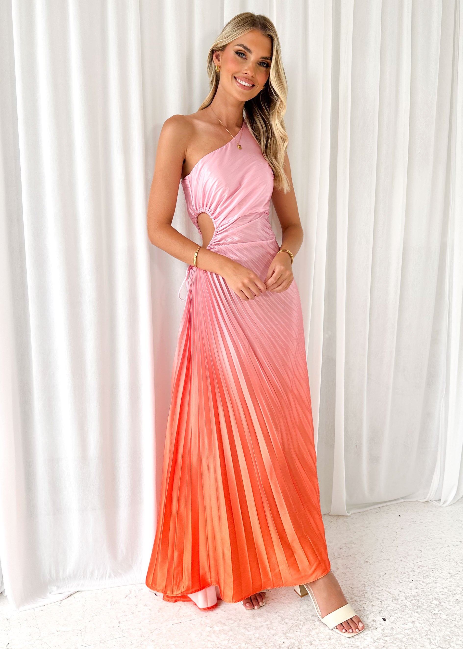 Corinne One Shoulder Midi Dress - Pink Ombre