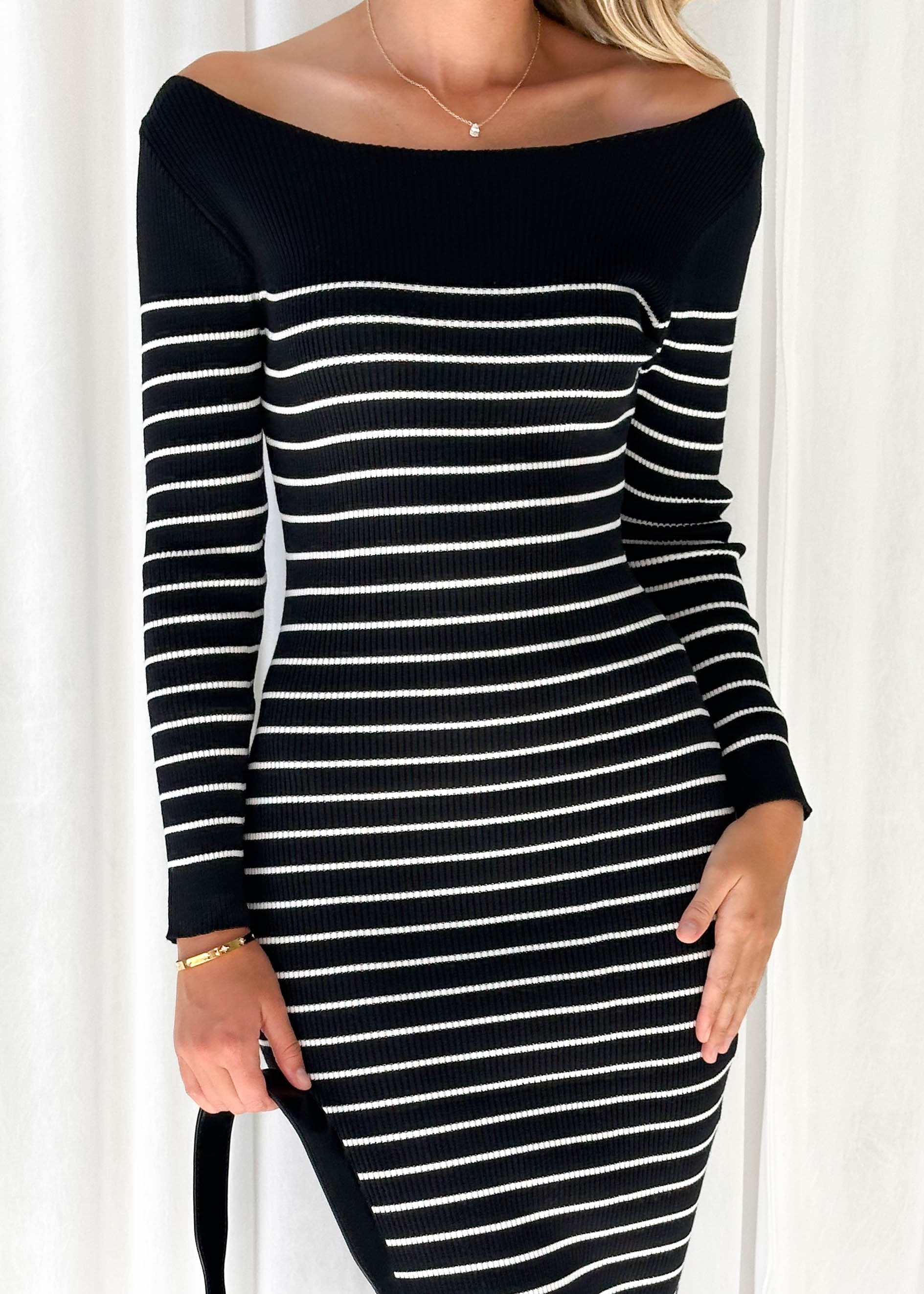 Stassy Knit Midi Dress - Black Stripe