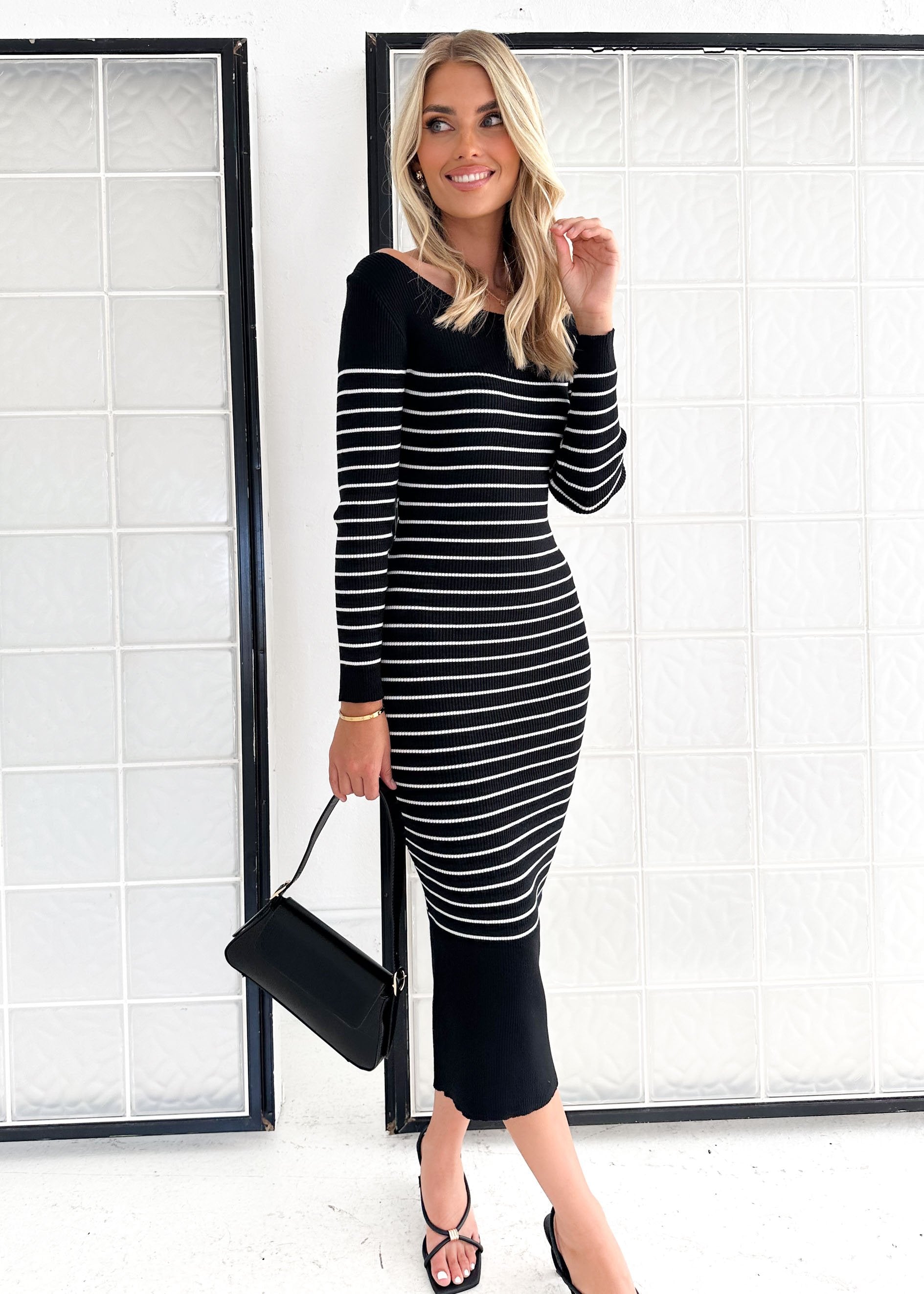 Stassy Knit Midi Dress - Black Stripe