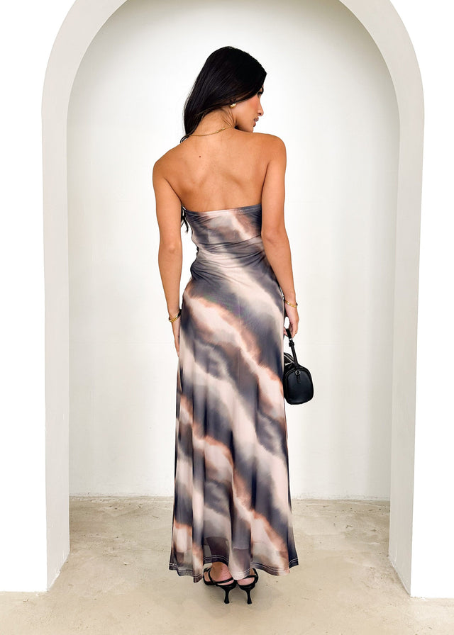 Jackie Strapless Mesh Maxi Dress - Mocha Watercolour