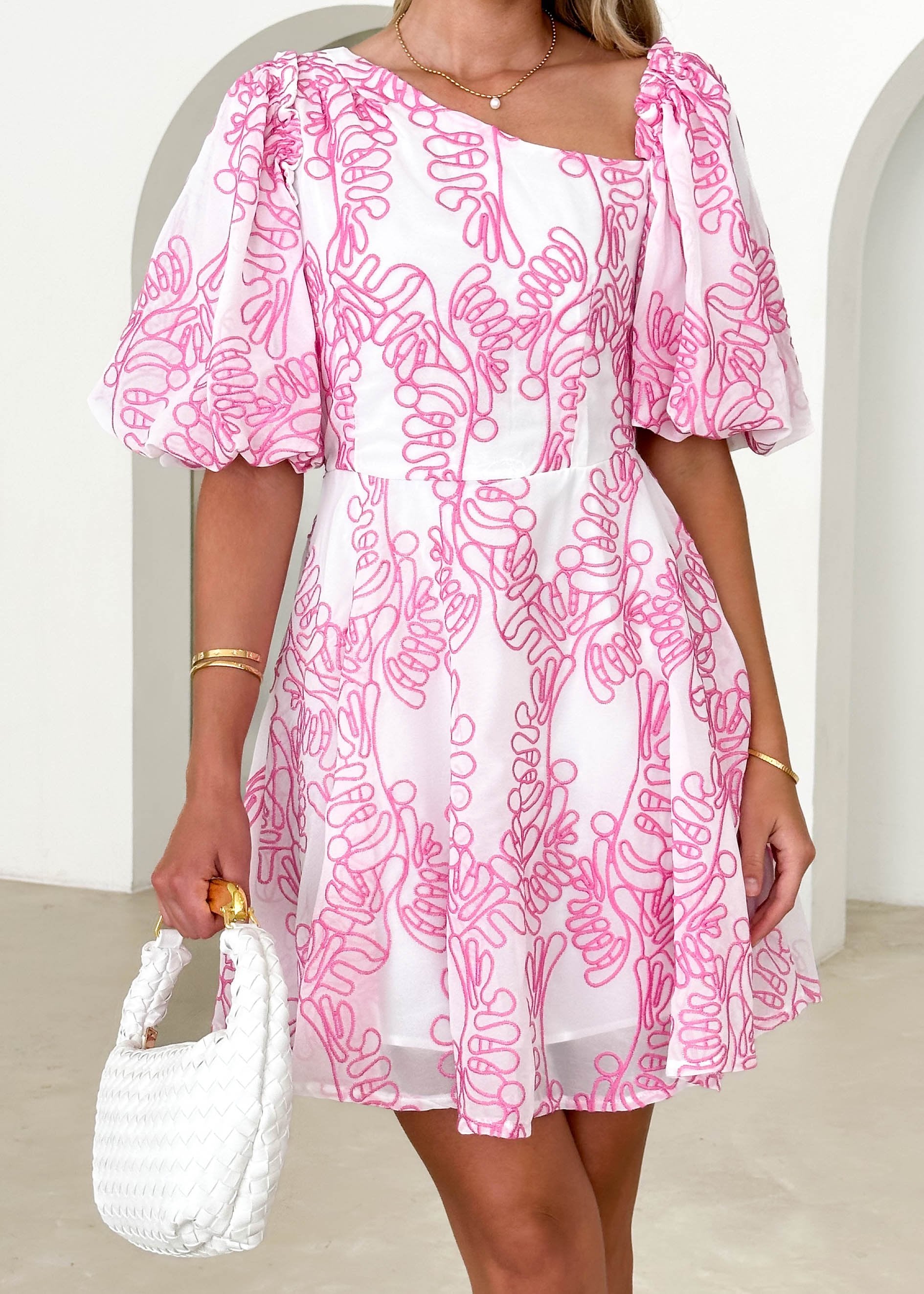 Picer One Shoulder Dress - Pink Embroidered