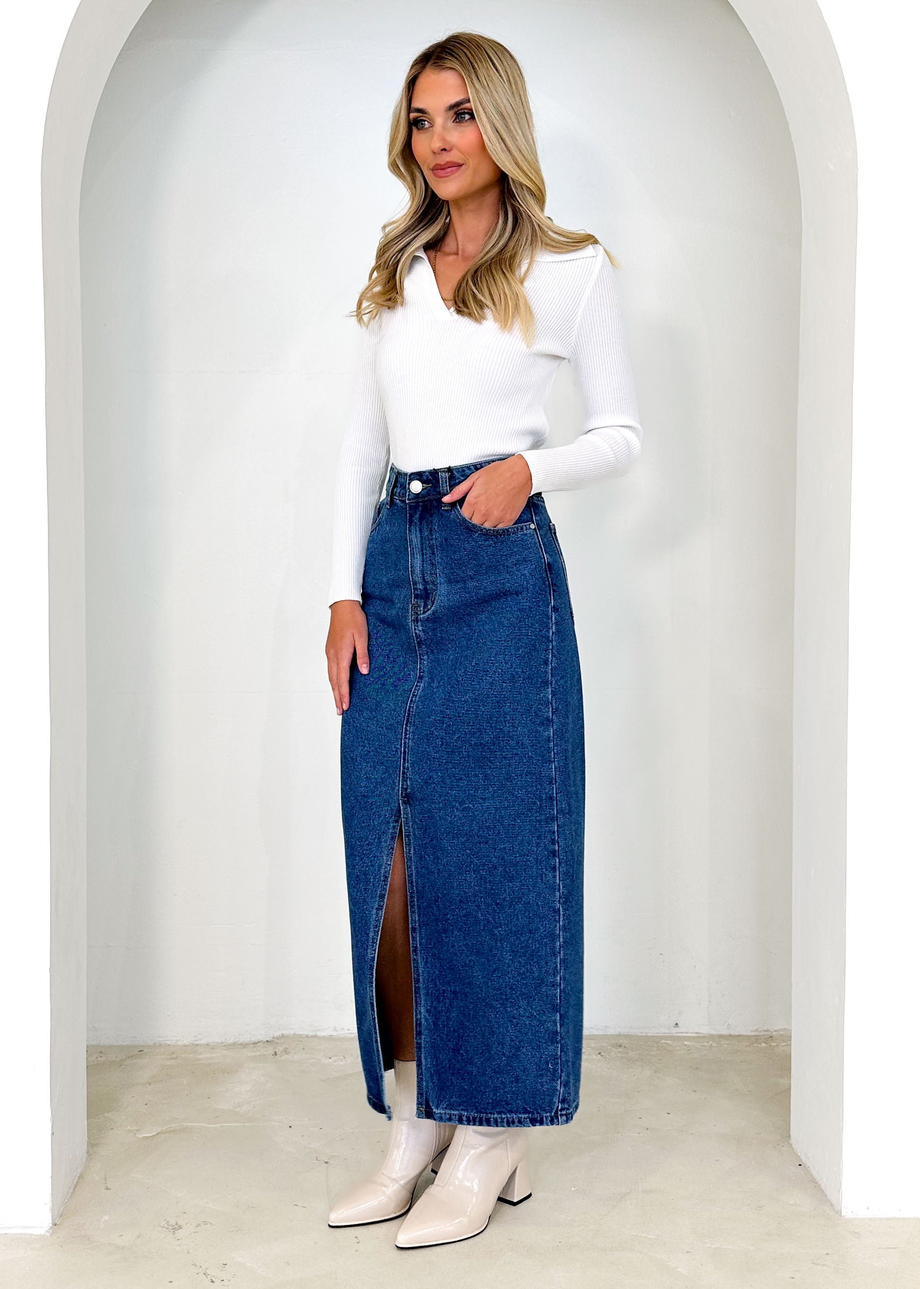 Knoxxy Denim Midi Skirt - Mid Blue