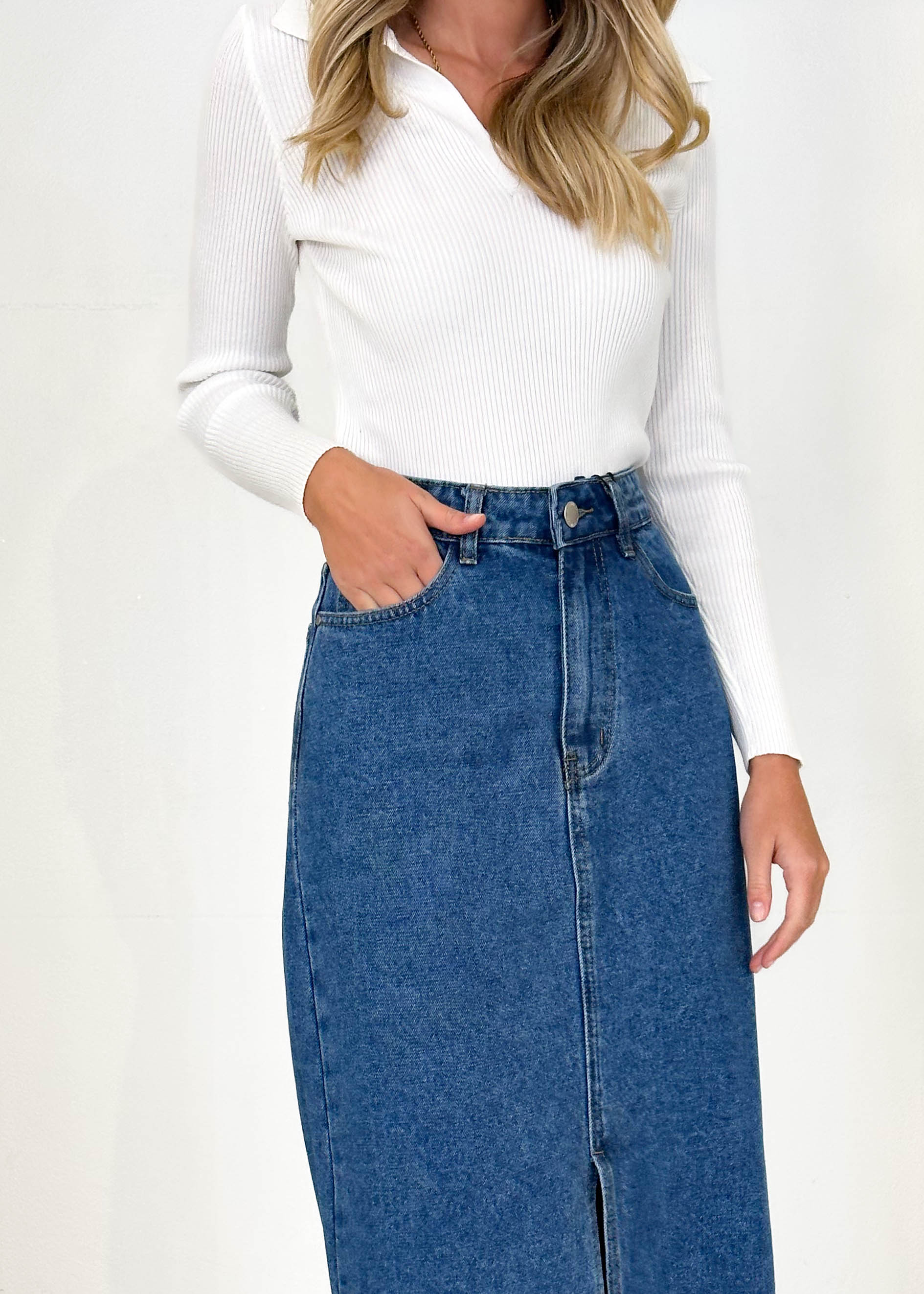 Knoxxy Denim Midi Skirt - Mid Blue