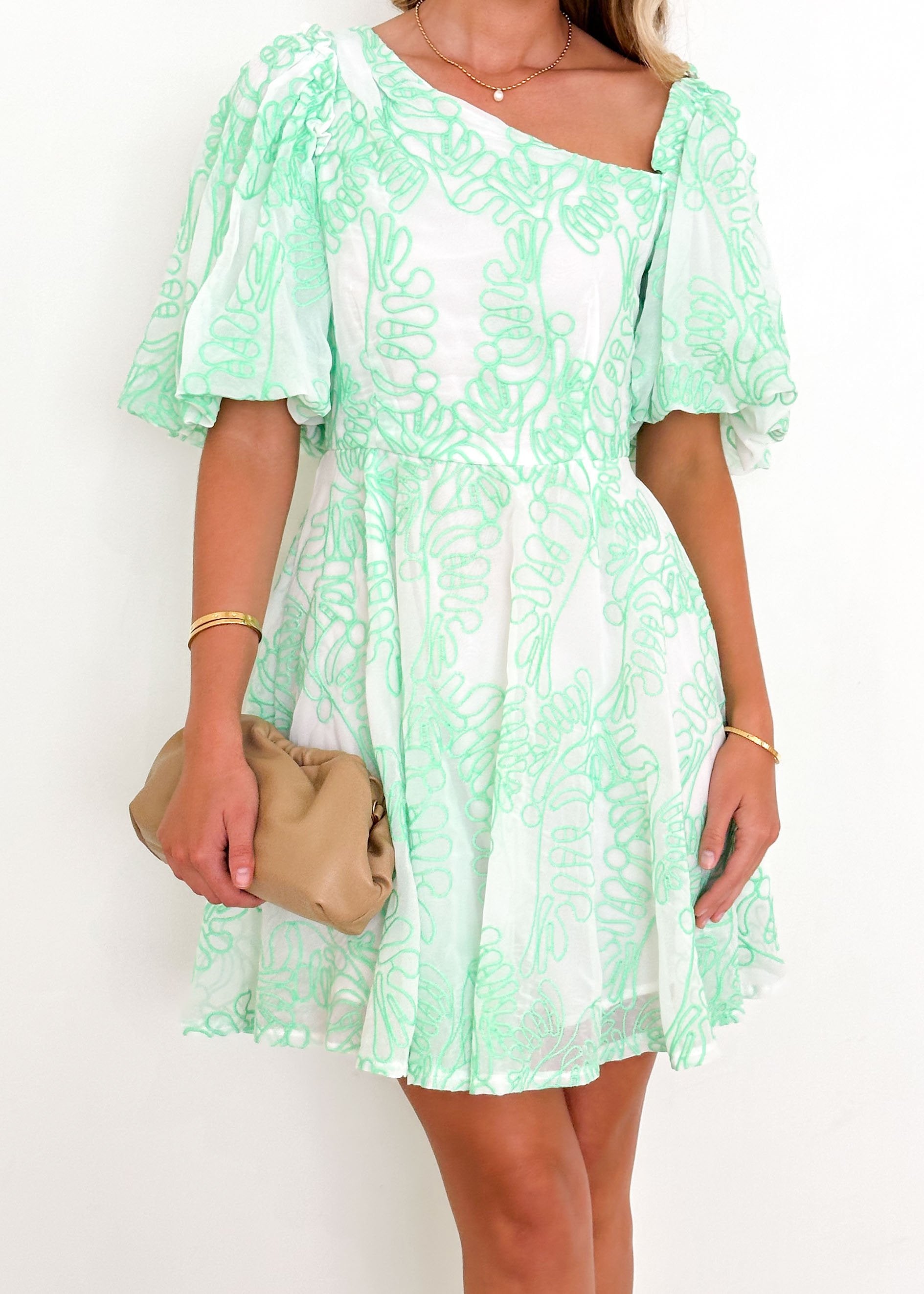 Picer One Shoulder Dress - Green Embroidered