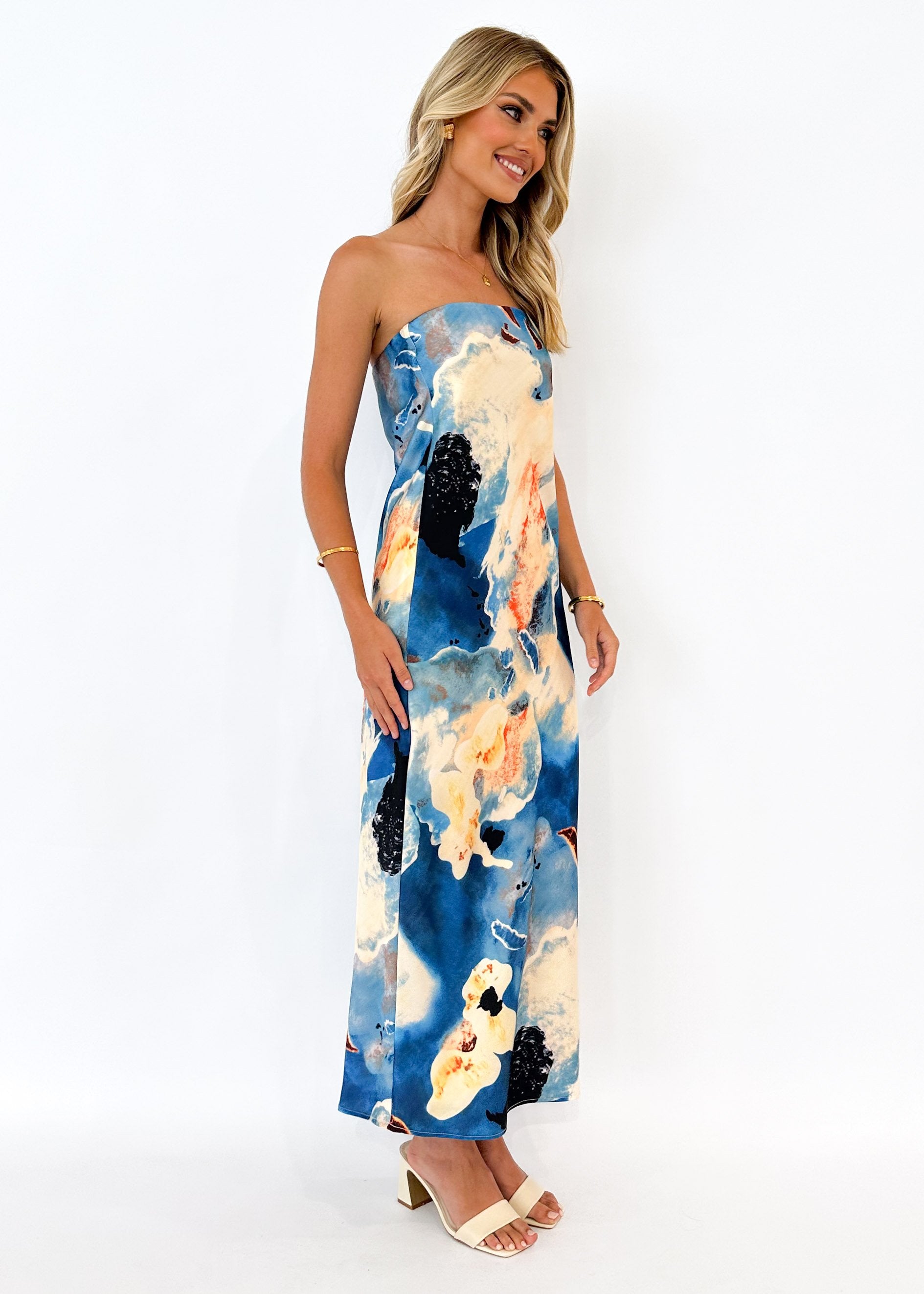 Georges Strapless Midi Dress - Blue Marble
