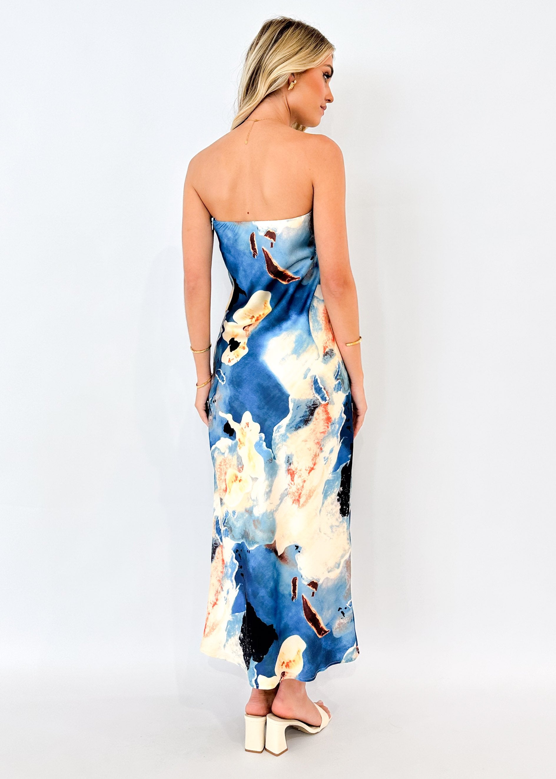 Georges Strapless Midi Dress - Blue Marble