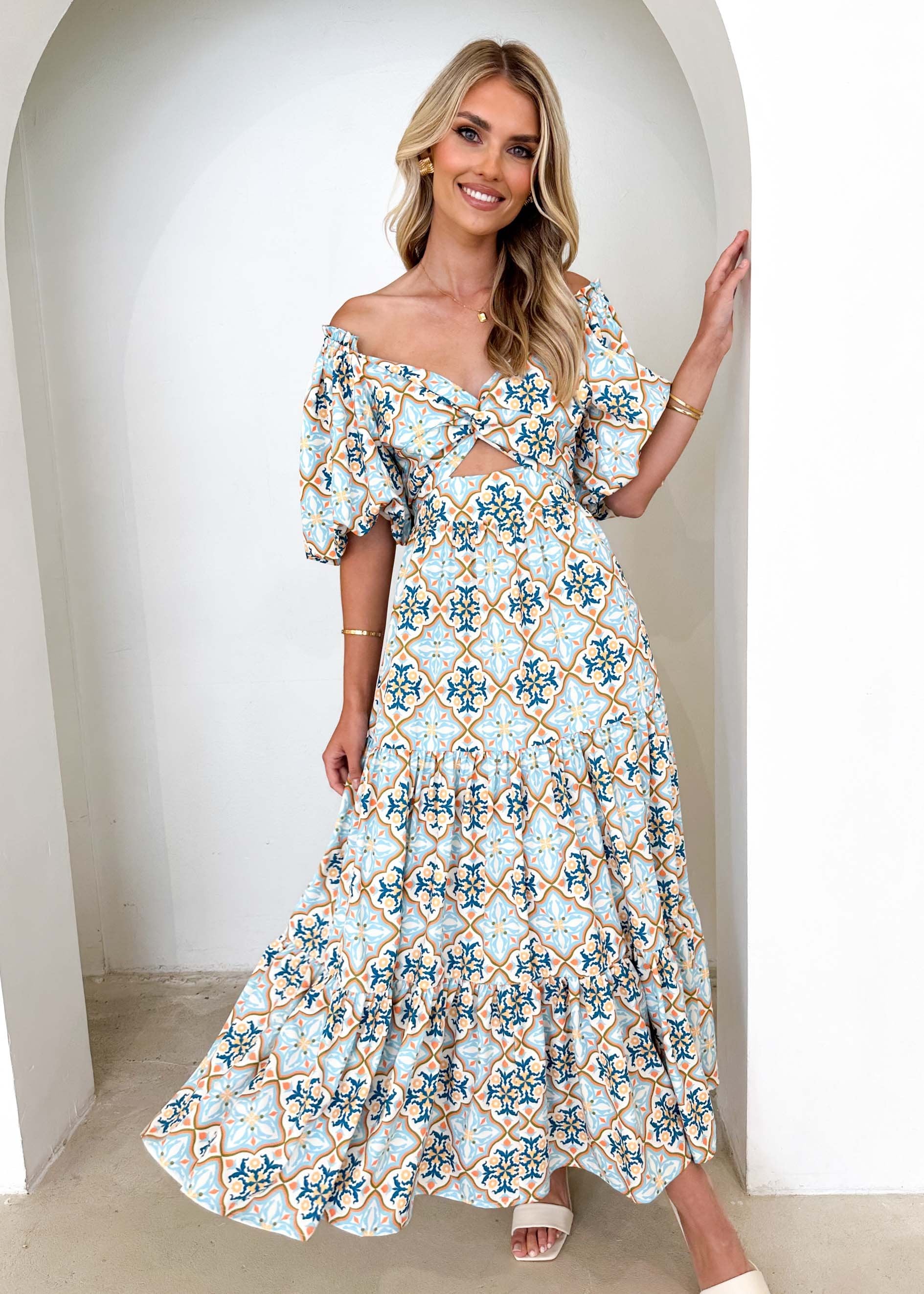 Narlo Off Shoulder Maxi Dress - Moroccan Tile