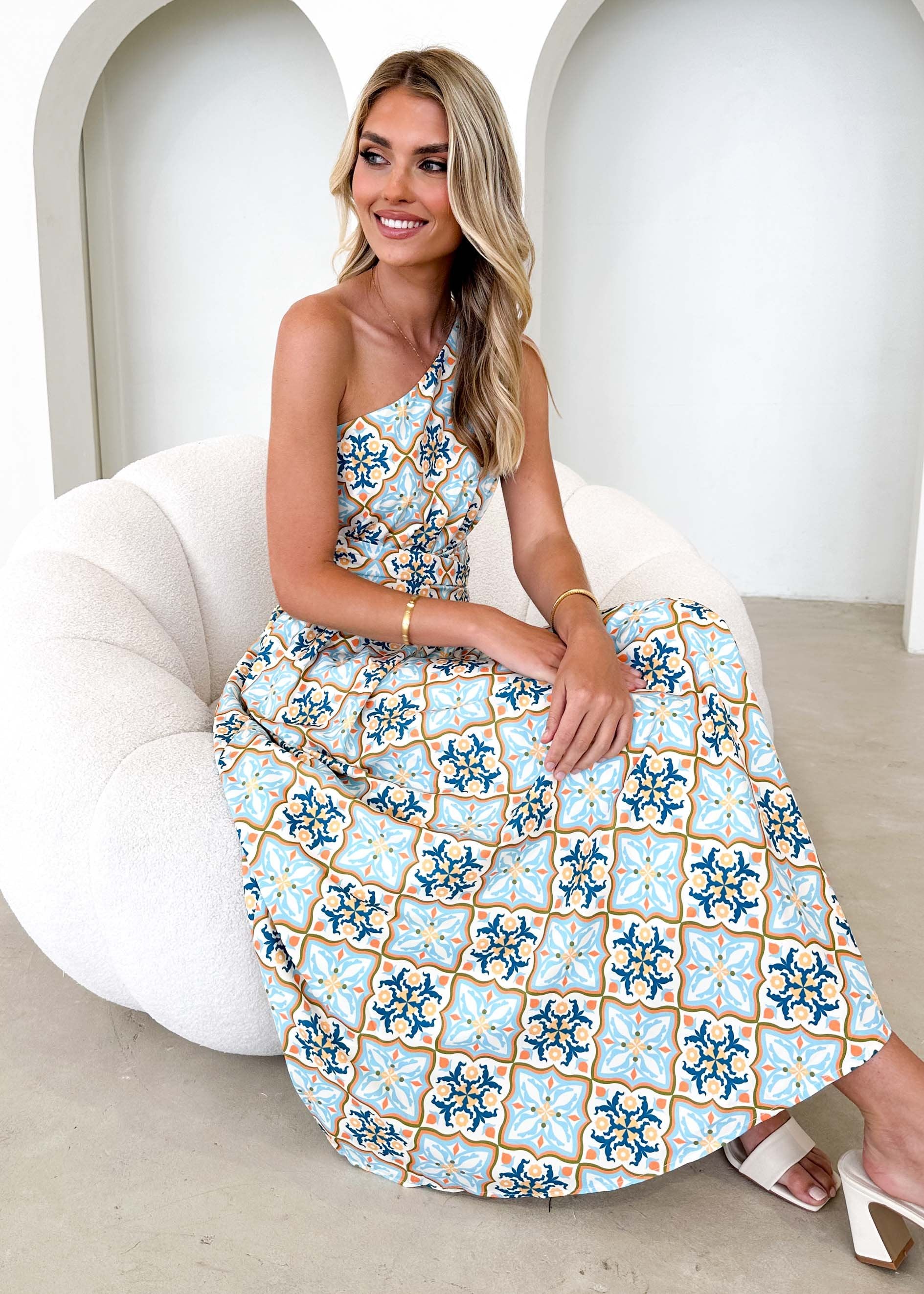 Oara One Shoulder Maxi Dress - Moroccan Tile